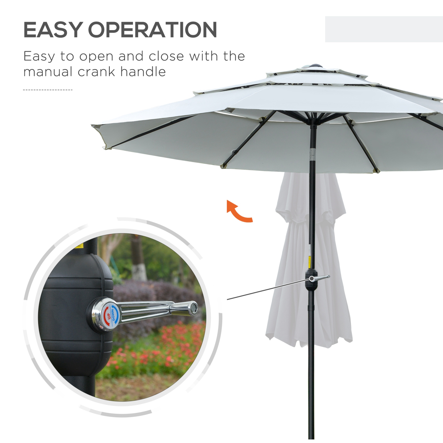 Outsunny 9FT 3 Tiers Patio Umbrella Outdoor Market Umbrella with Crank, Push Button Tilt for Deck, Backyard and Lawn, Cream White
