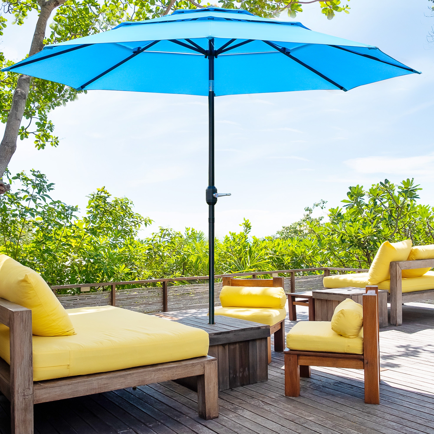 Outsunny 9FT Parasol de jardin inclinable 2 évents avec manivelle, bouton poussoir pour extérieur terrasse pelouse, bleu