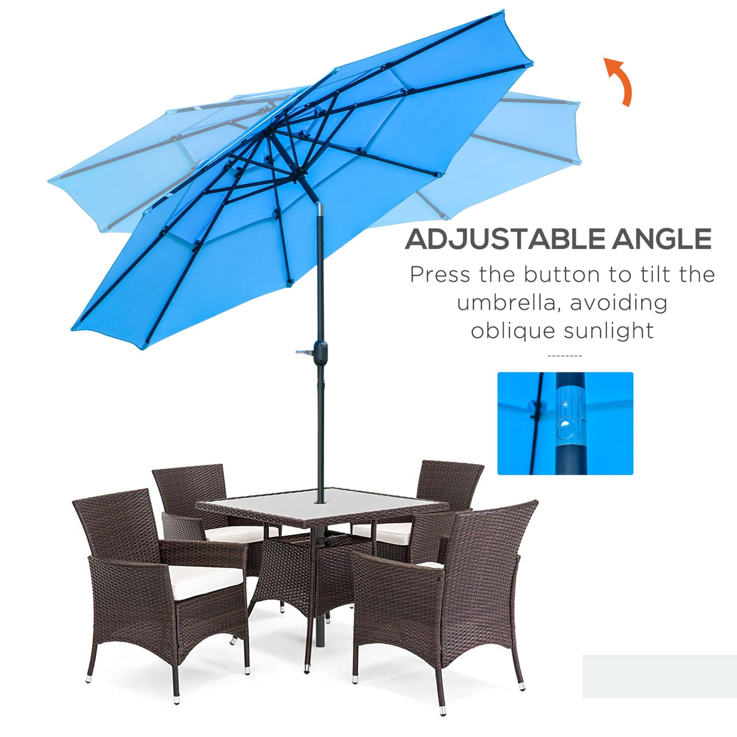 Outsunny 9FT Parasol de jardin inclinable 2 évents avec manivelle, bouton poussoir pour extérieur terrasse pelouse, bleu