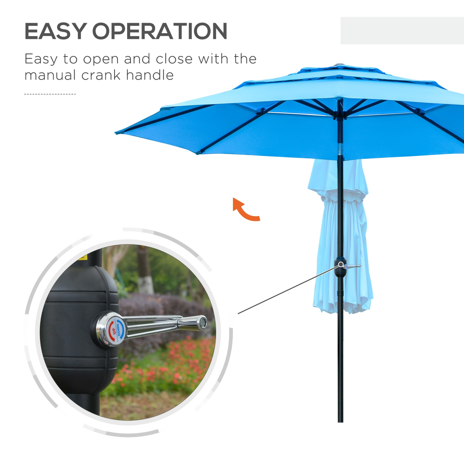 Outsunny 9FT Parasol de jardin inclinable 2 évents avec manivelle, bouton poussoir pour extérieur terrasse pelouse, bleu