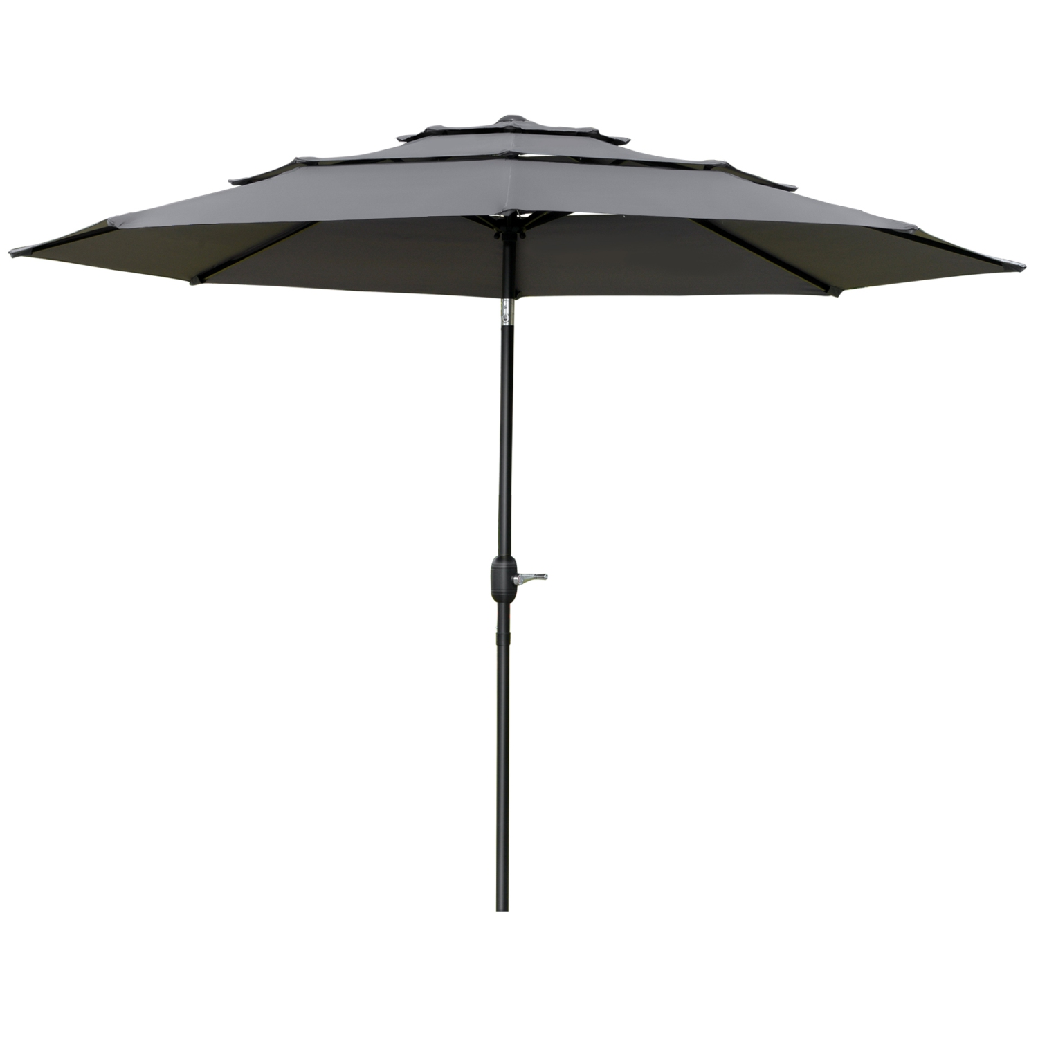 Outsunny 9FT 3 Tiers Patio Umbrella Outdoor Market Umbrella with Crank, Push Button Tilt for Deck, Backyard and Lawn, Light Grey