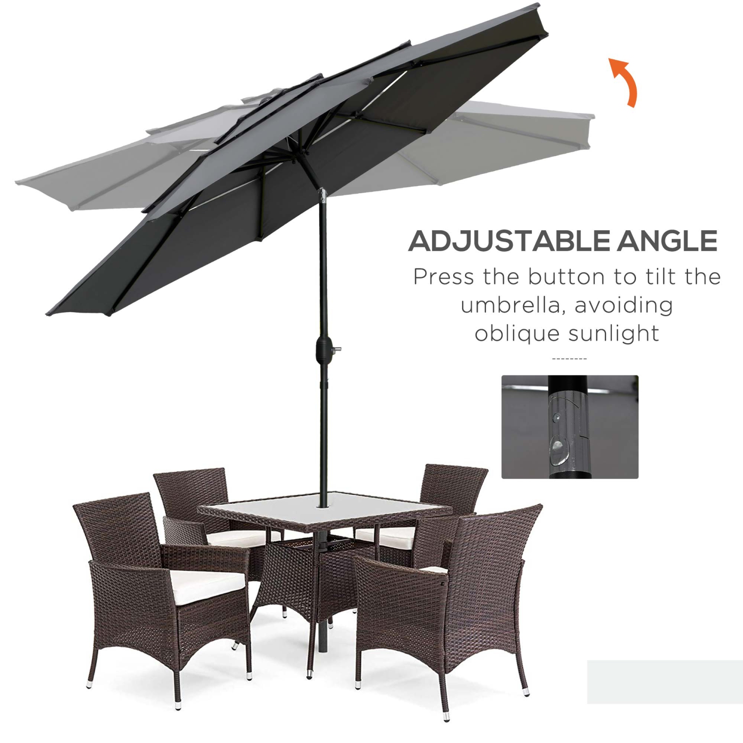 Outsunny 9FT 3 Tiers Patio Umbrella Outdoor Market Umbrella with Crank, Push Button Tilt for Deck, Backyard and Lawn, Light Grey
