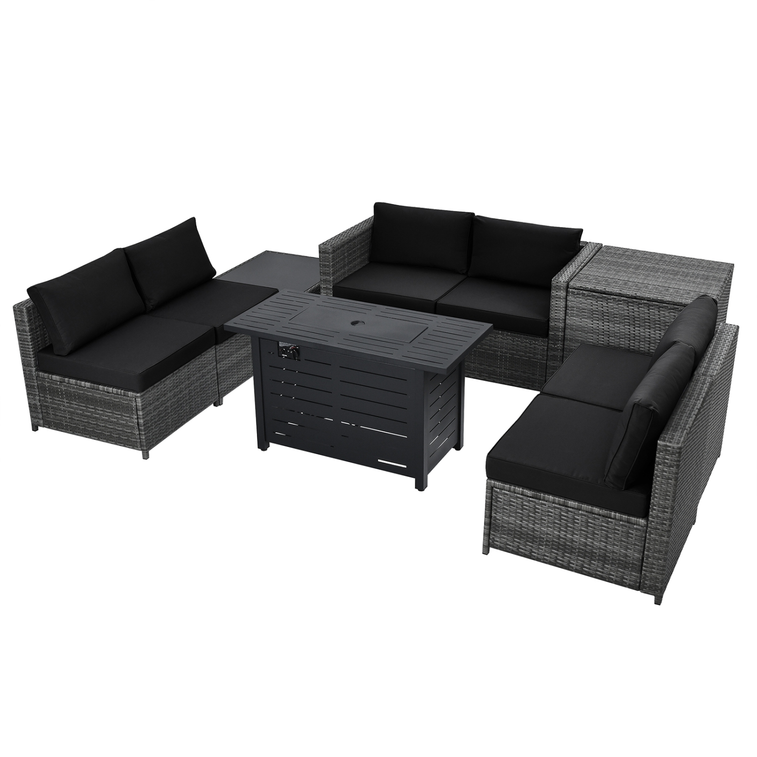 Patiojoy 9 PCS Rattan Dinning Set Wicker Sofa w/Propane Gas Fire Pit 60,000 Btu Heater Grey/Black/Navy/Red/Off White