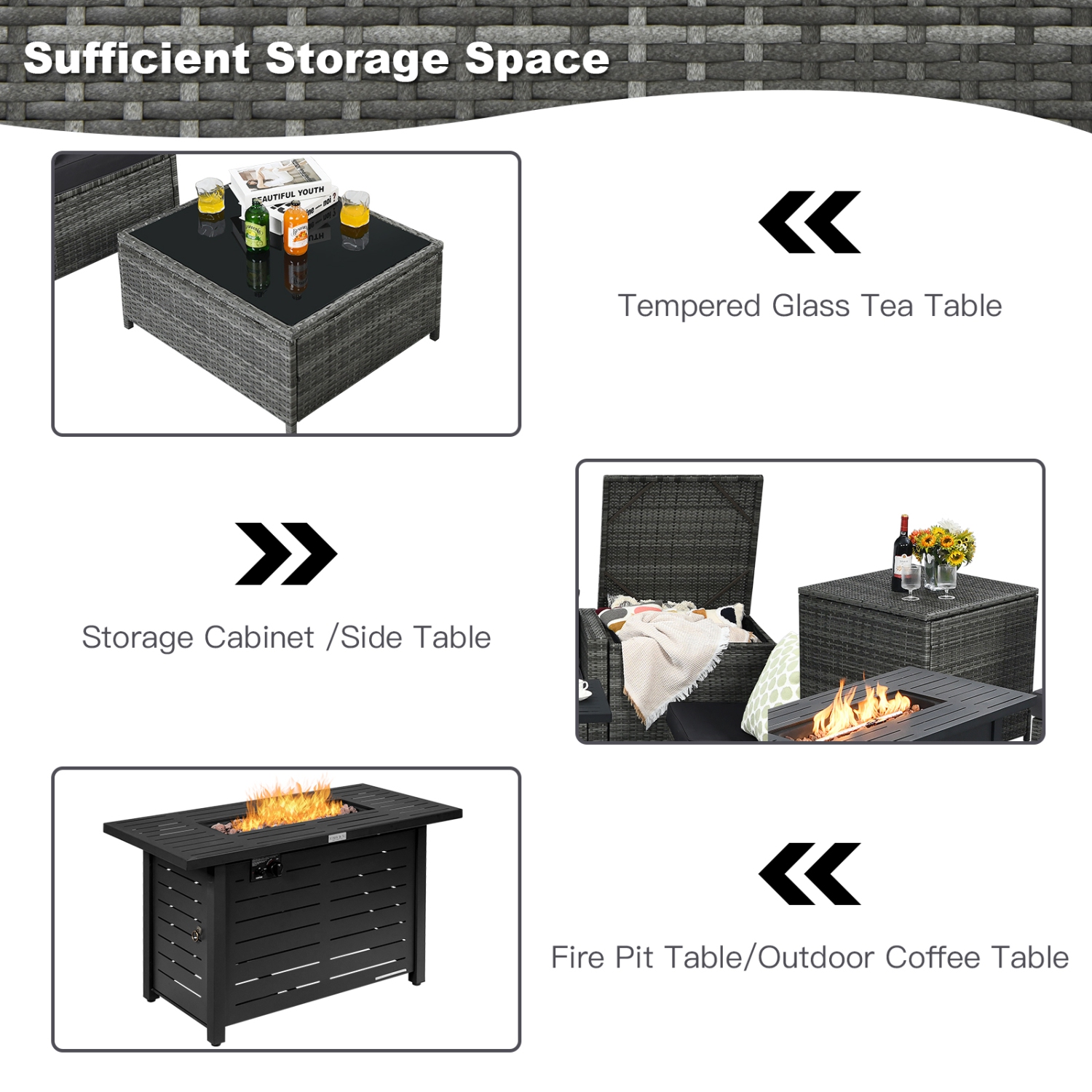 Patiojoy 9 PCS Rattan Dinning Set Wicker Sofa w/Propane Gas Fire Pit 60,000 Btu Heater Grey/Black/Navy/Red/Off White