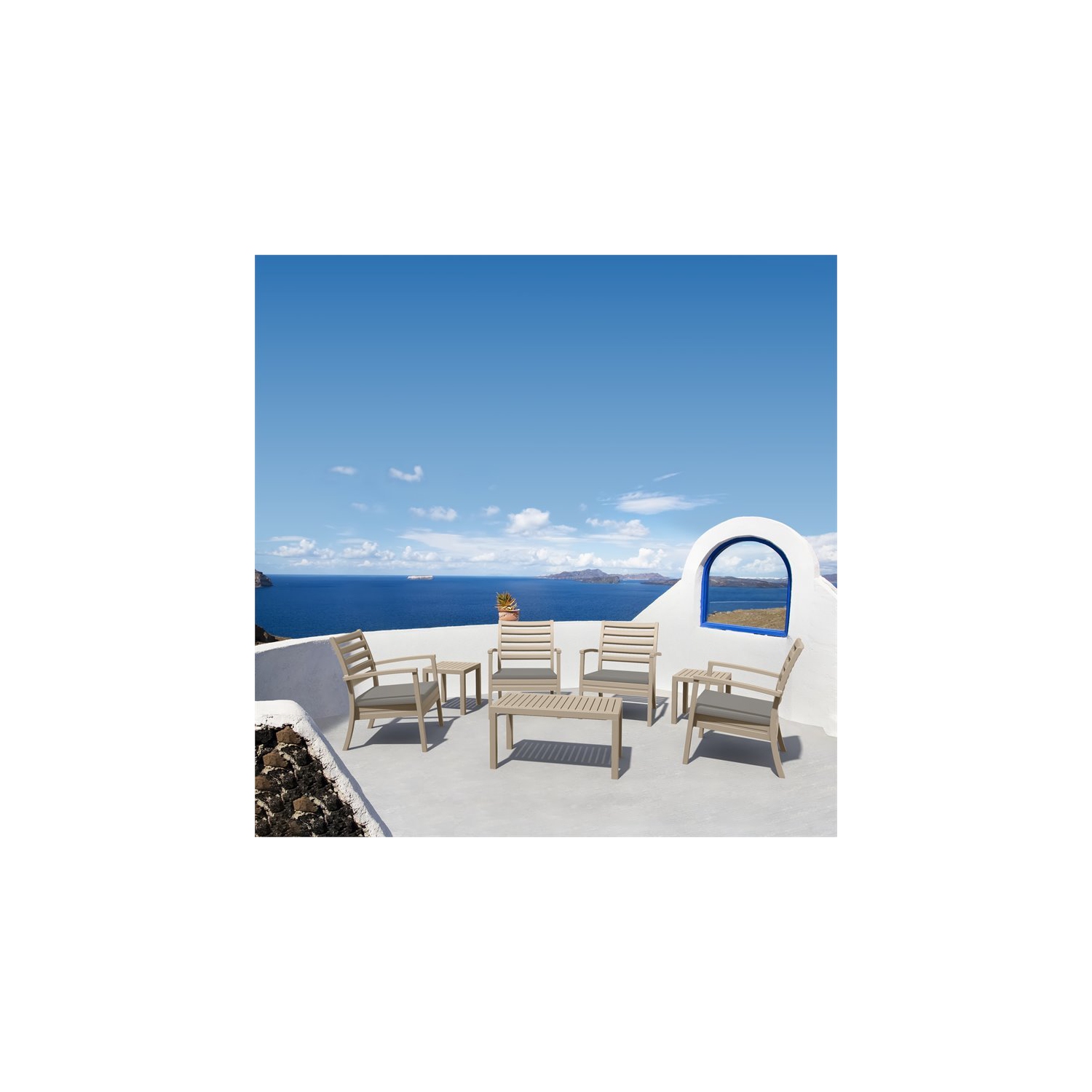 Ensemble de patio 7 pièces ARTEMIS XL Club avec coussins taupe en tissu acrylique