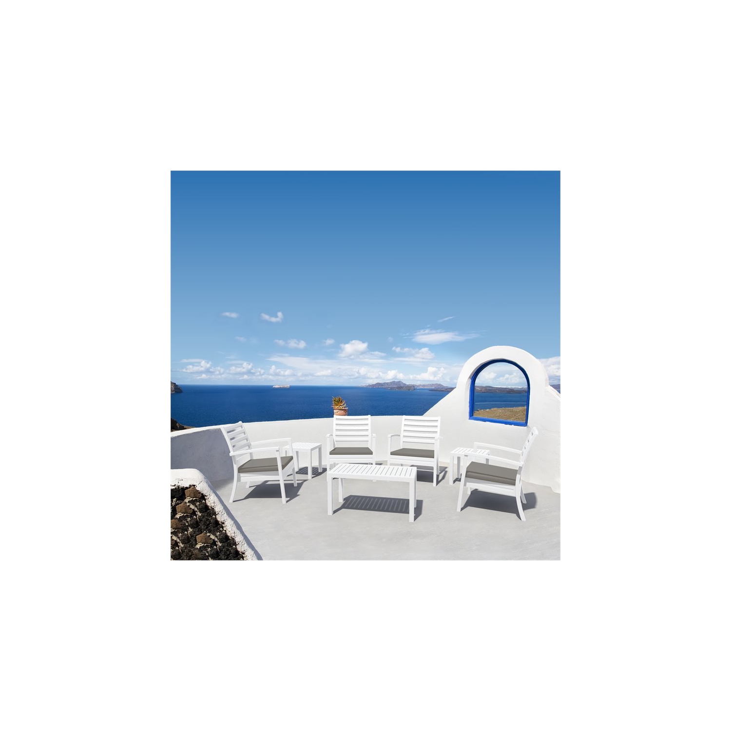 Artemis XL Club Patio Set 7 Piece White with Acrylic Fabric Taupe Cushions