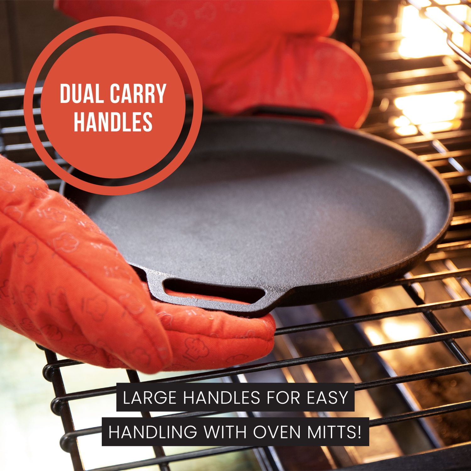Chef Pomodoro Cast Iron Pizza Pan, 12" Inch Pre-Seasoned Skillet, with Handles, Baking Pan, Round Griddle for Dosa Tawa Roti, Comal for Tortillas,