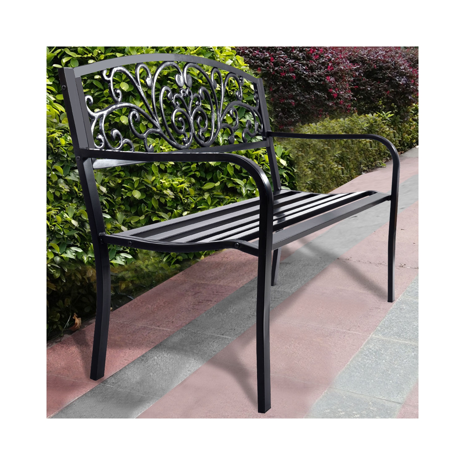 50 Inch Patio Park Steel Frame Cast Iron Backrest Bench Porch Chair