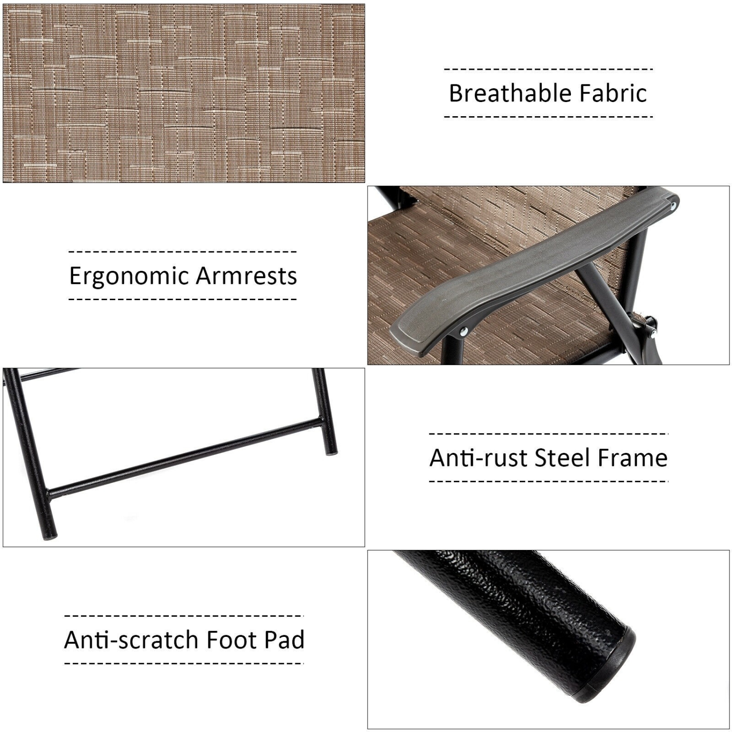 Chaise pliante de patio de 2 pièces avec accoudoir pour le jardin de camping