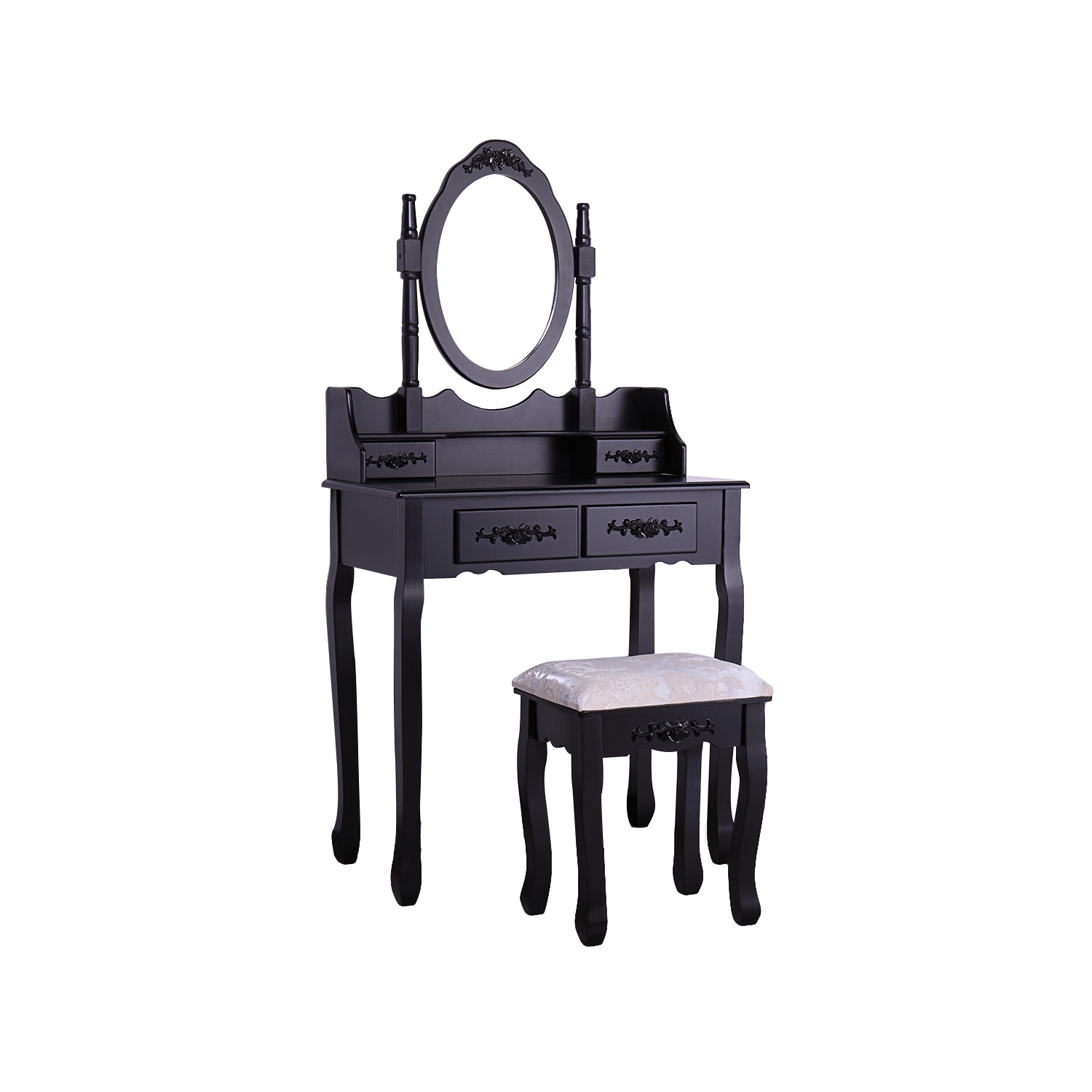 Jaxpety Bedroom Vanity Makeup Dressing Table Set with Oval Mirror and Cushioned Stool, Black