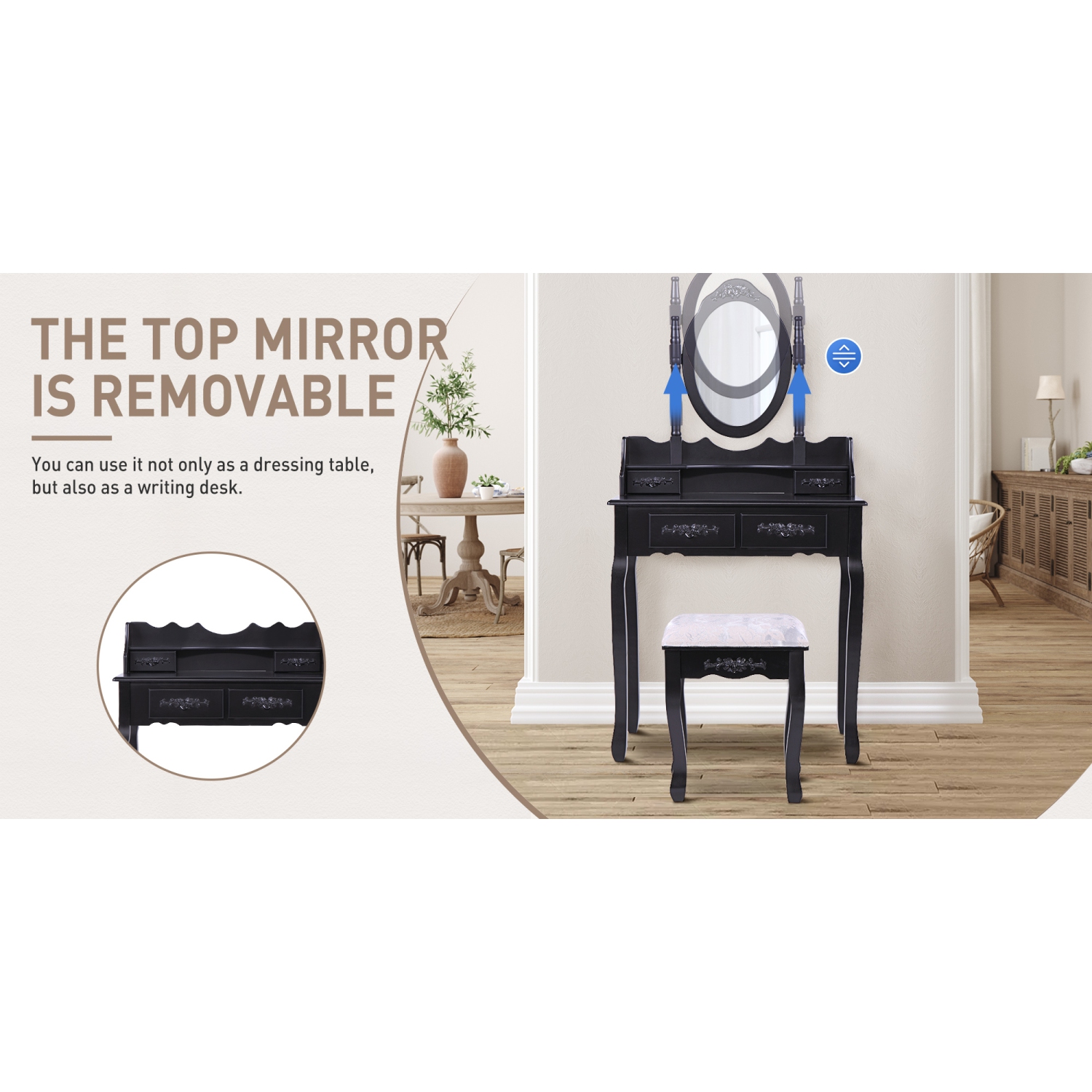 Jaxpety Bedroom Vanity Makeup Dressing Table Set with Oval Mirror and Cushioned Stool, Black