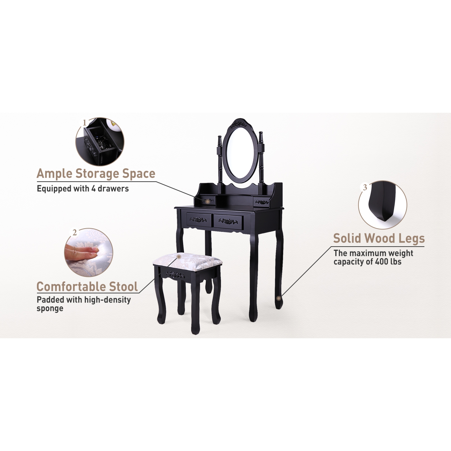 Jaxpety Bedroom Vanity Makeup Dressing Table Set with Oval Mirror and Cushioned Stool, Black