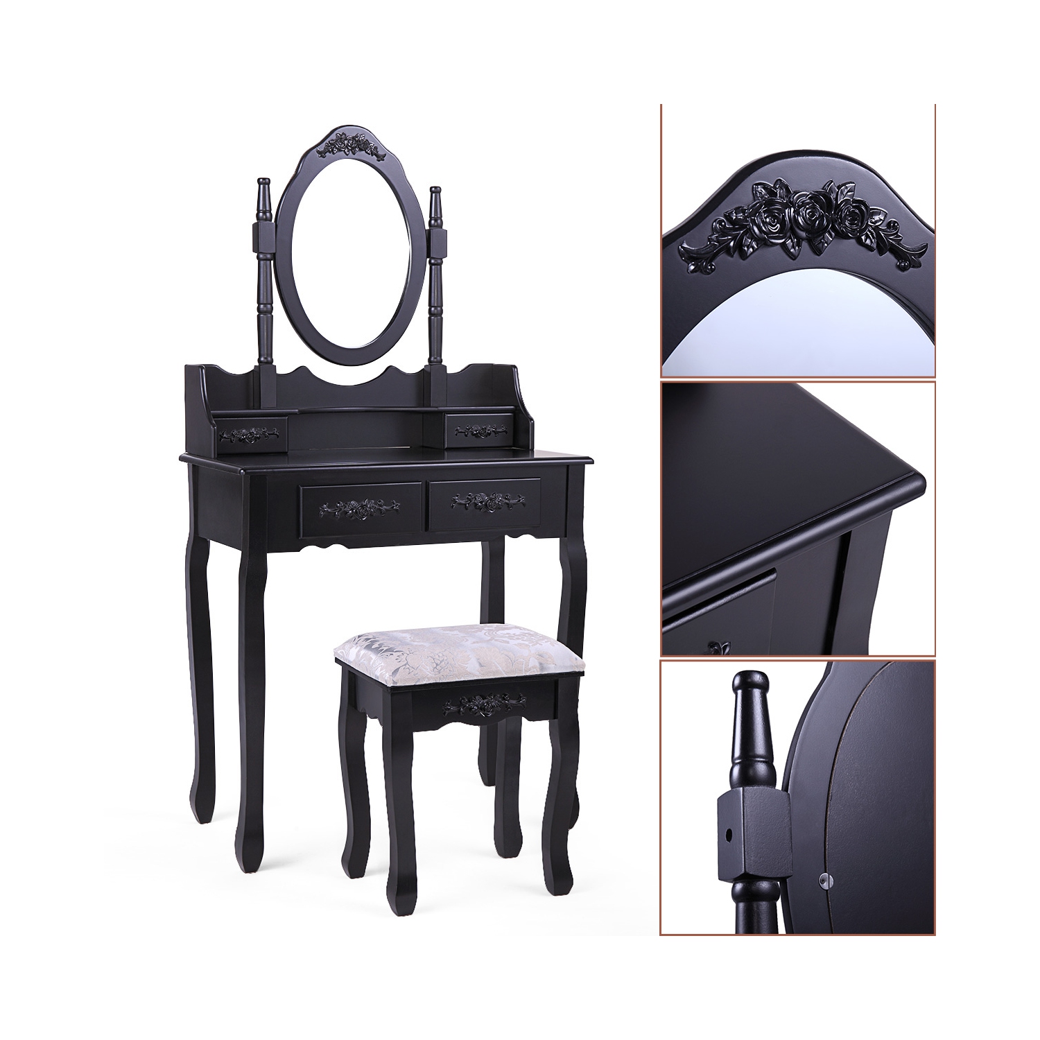 Jaxpety Bedroom Vanity Makeup Dressing Table Set with Oval Mirror and Cushioned Stool, Black