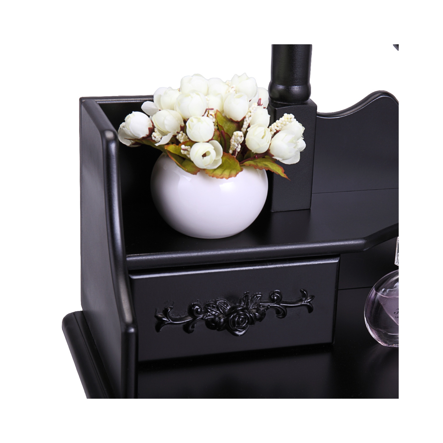 Jaxpety Bedroom Vanity Makeup Dressing Table Set with Oval Mirror and Cushioned Stool, Black