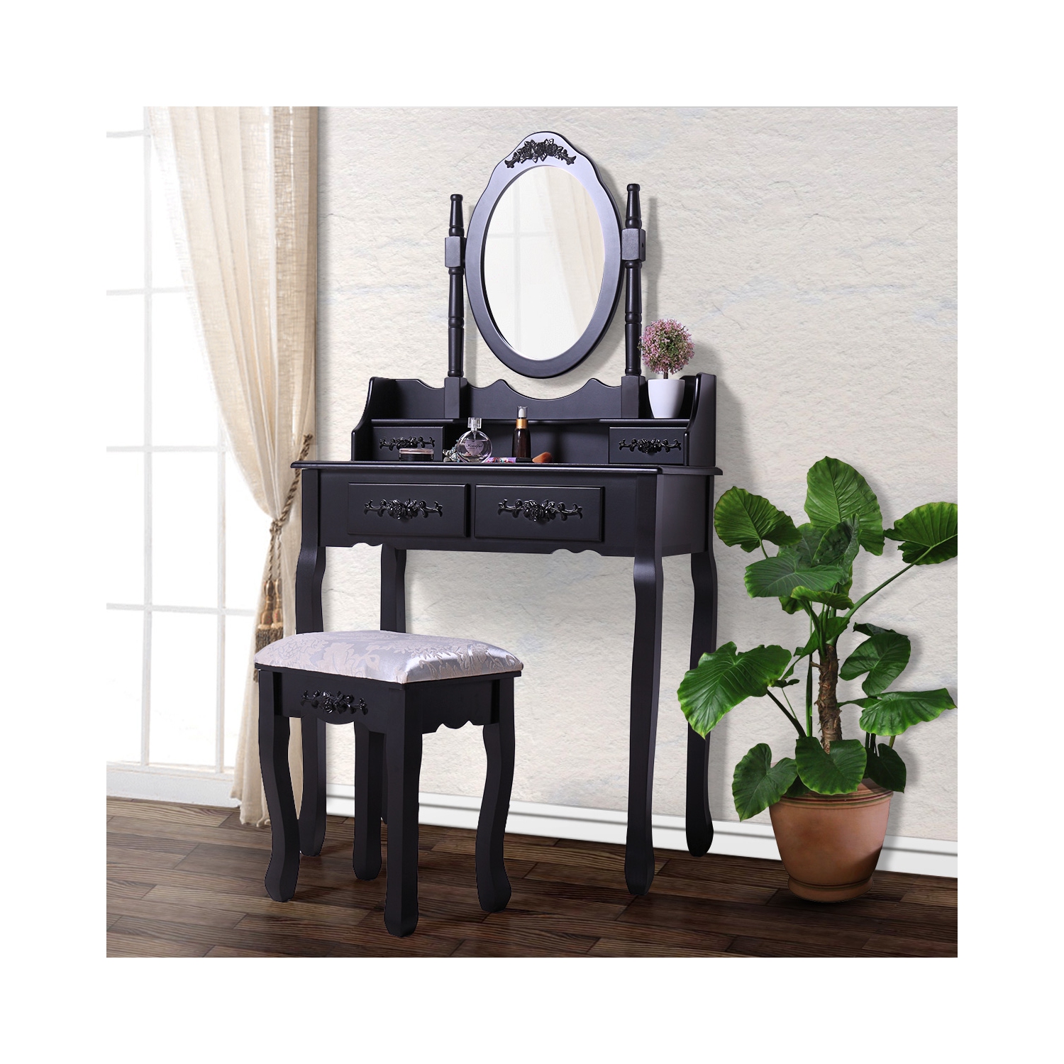 Jaxpety Bedroom Vanity Makeup Dressing Table Set with Oval Mirror and Cushioned Stool, Black