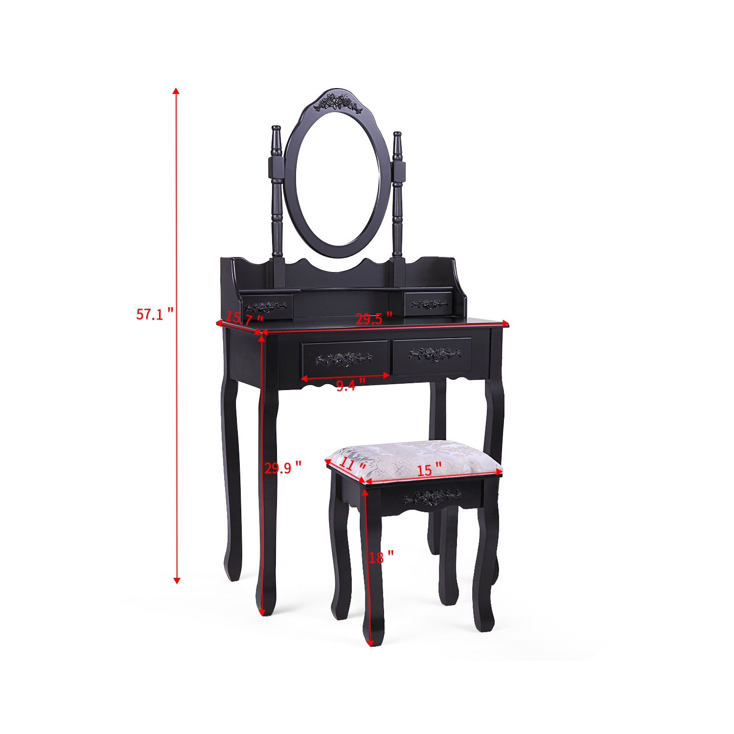 Jaxpety Bedroom Vanity Makeup Dressing Table Set with Oval Mirror and Cushioned Stool, Black