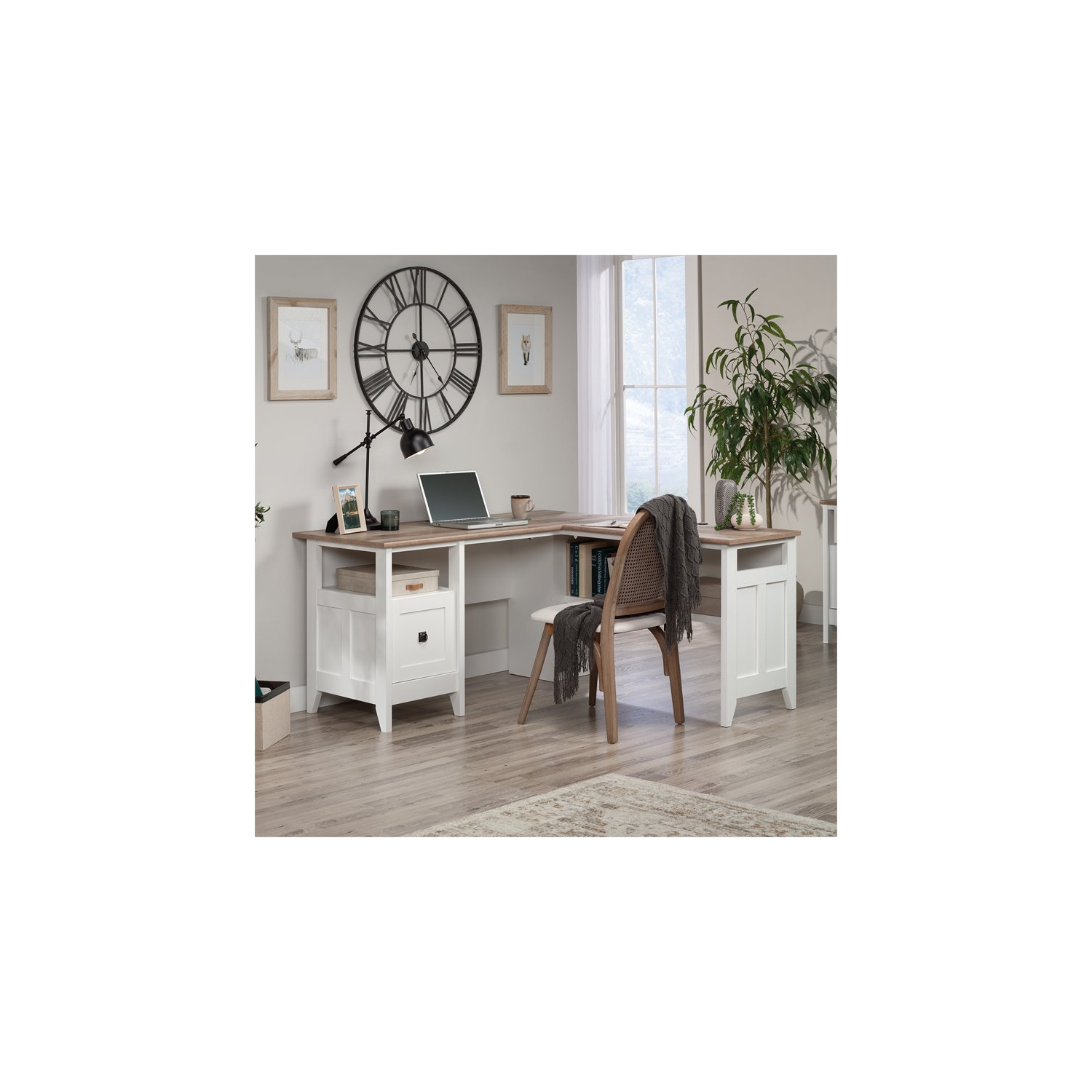 Sauder August Hill Engineered Wood L-Shaped Computer Desk in Glacier White