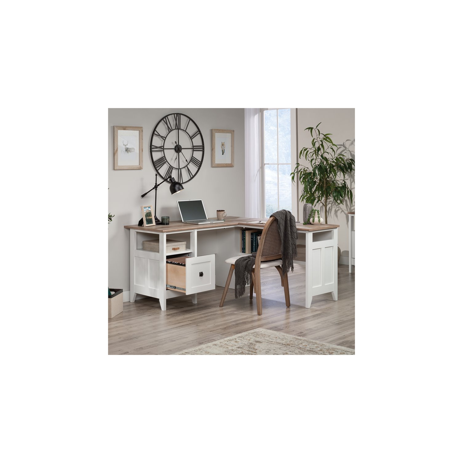 Sauder August Hill Engineered Wood L-Shaped Computer Desk in Glacier White