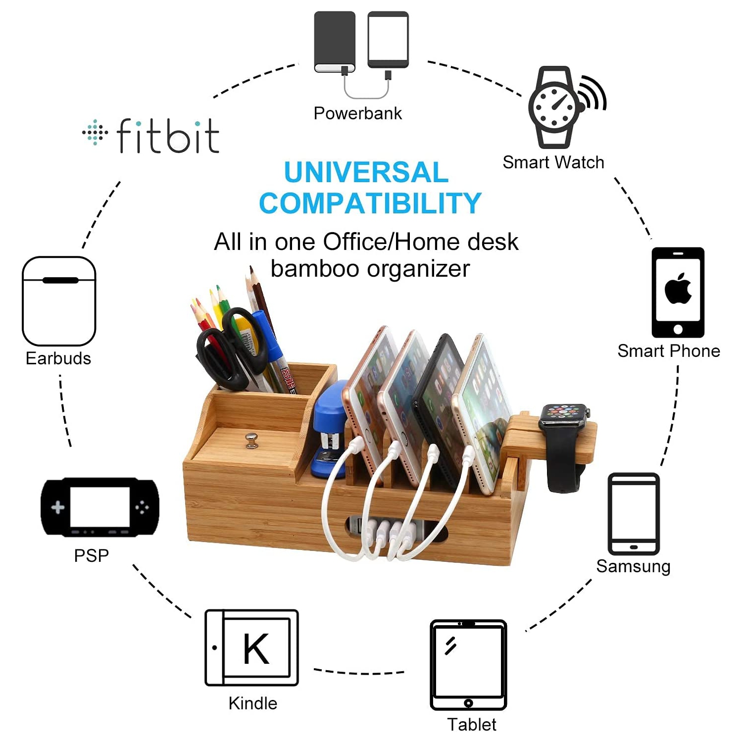Station de recharge en bambou de Pezin et Hulin pour plusieurs appareils, poste de charge poste de charge poste de rangement poste de travail
