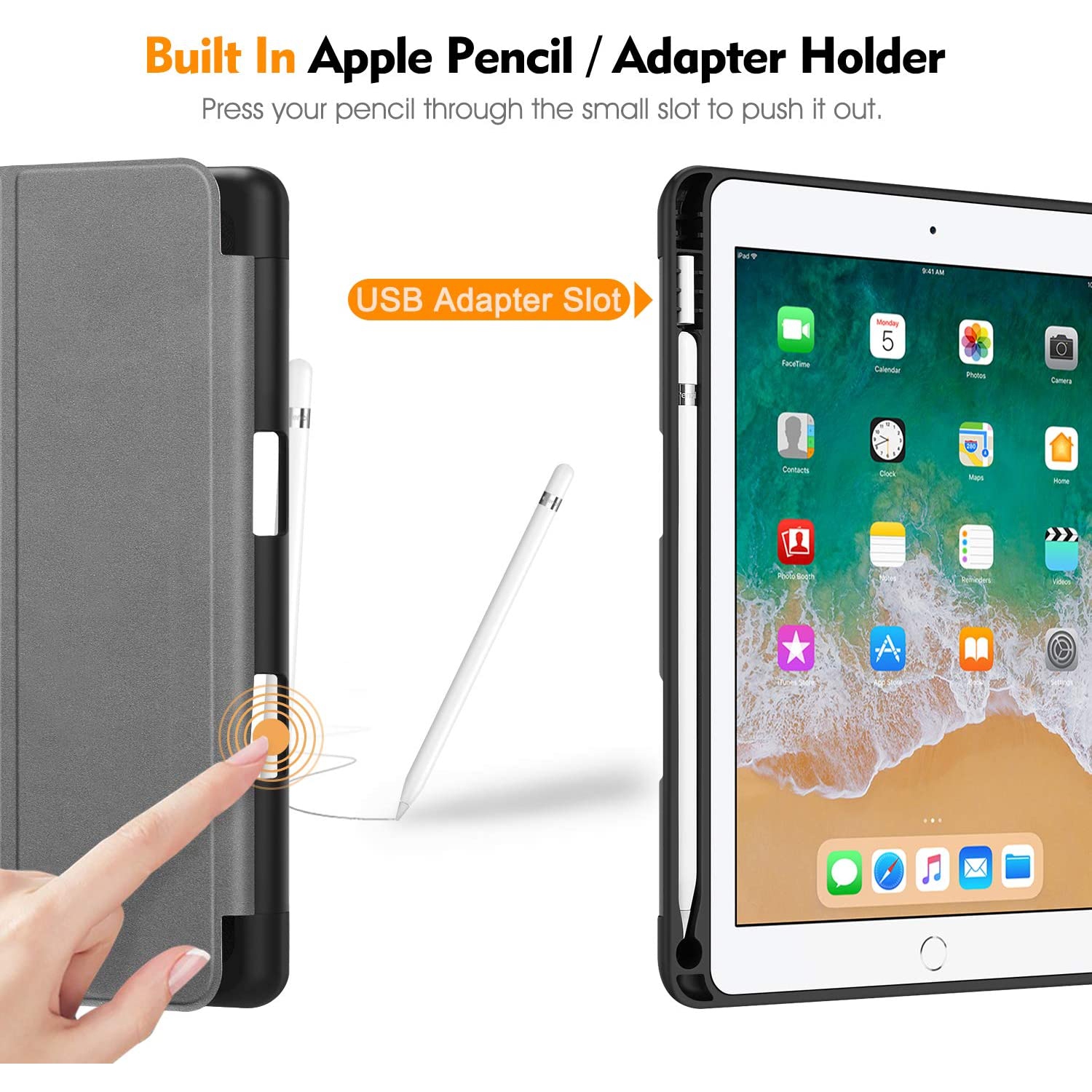 SlimShell Case for iPad 6th Generation 2018 / iPad 5th Gen 2017/ iPad Air 2 / iPad Air - [Built-in Pencil