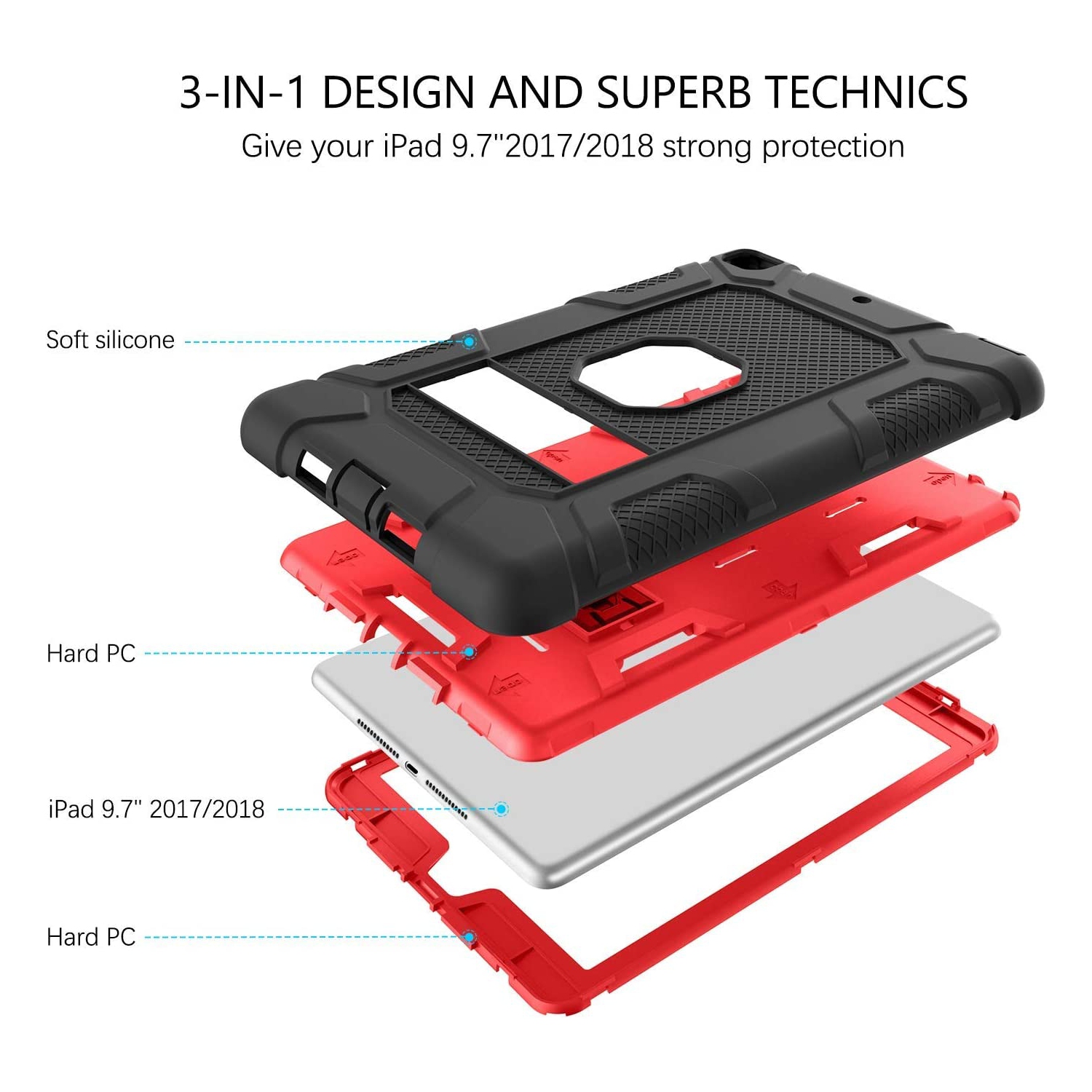 iPad Case 2018 9.7 inch iPad Case 2017 9.7 inch Stand Shockproof Heavy Duty Three Layer High Impact Full-Body