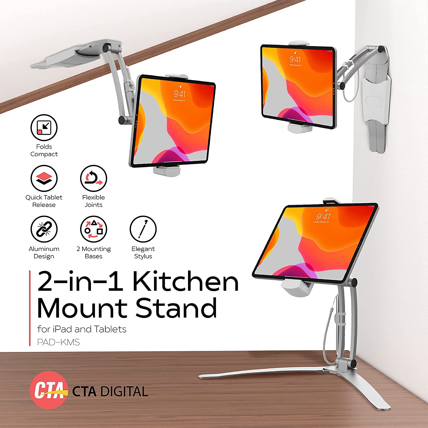 CTA Digital 2-in-1 Kitchen Mount Stand for iPad Air/iPad Mini and All Tablets