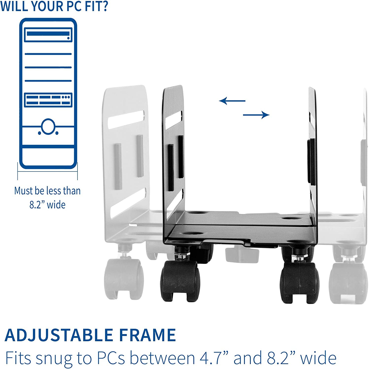 Tour d’ordinateur noire ATX, support à roulettes en acier pour unité centrale, support mobile réglable avec roulettes verrouillables