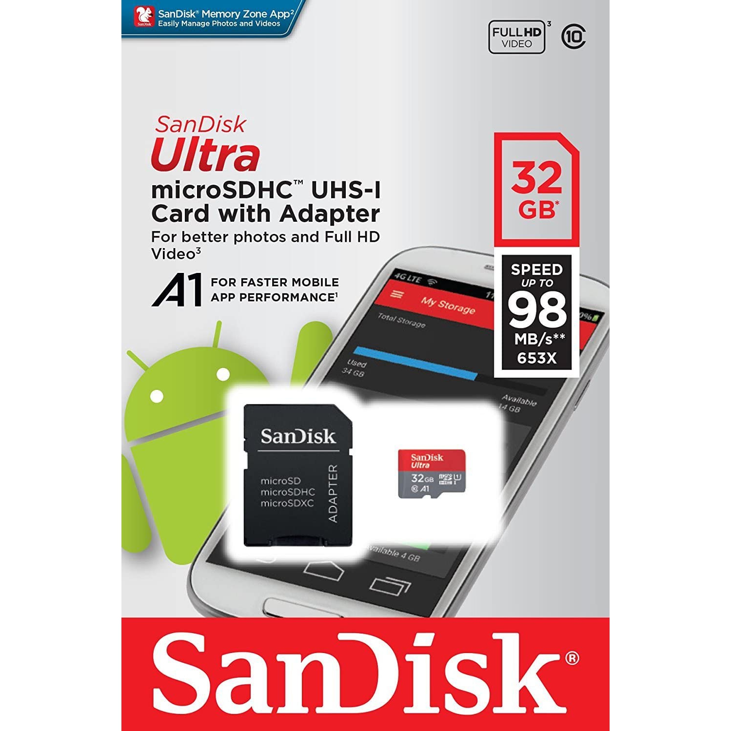 SanDisk Ultra 32GB microSDHC UHS-I Card with Adapter - 98MB/s U1 A1 - SDSQUAR-032G-GN6MA, 3 Pack(32GB)