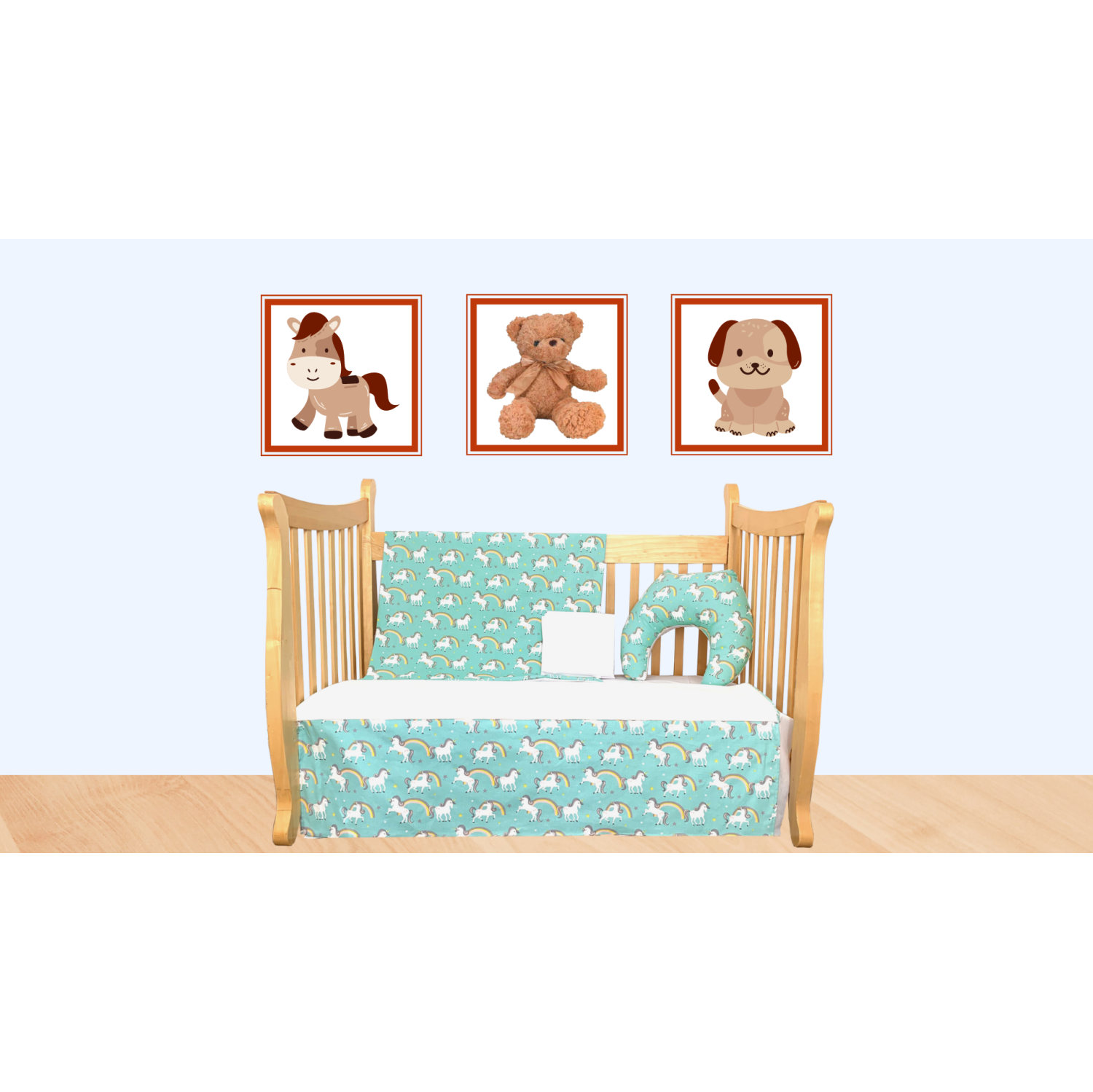 Literie bleu-turquoise avec licornes ET coussin d'allaitement assorti