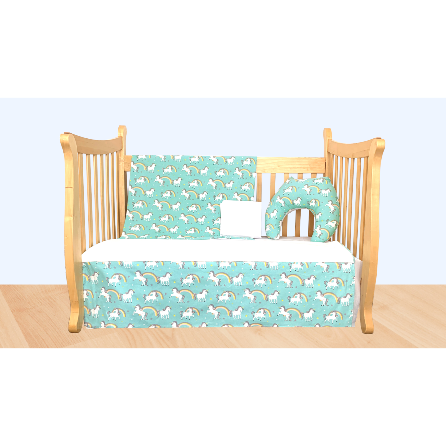 Literie bleu-turquoise avec licornes ET coussin d'allaitement assorti