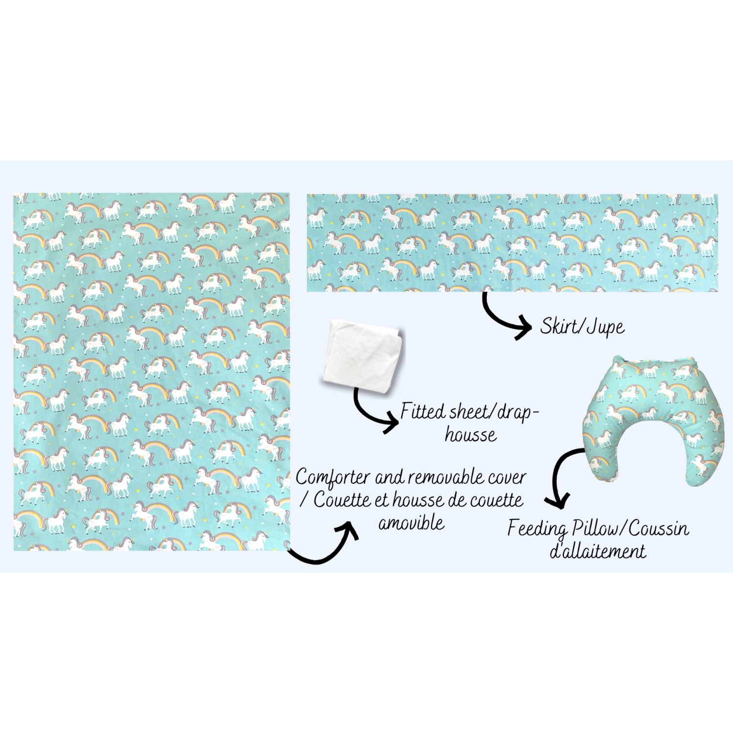 Literie bleu-turquoise avec licornes ET coussin d'allaitement assorti