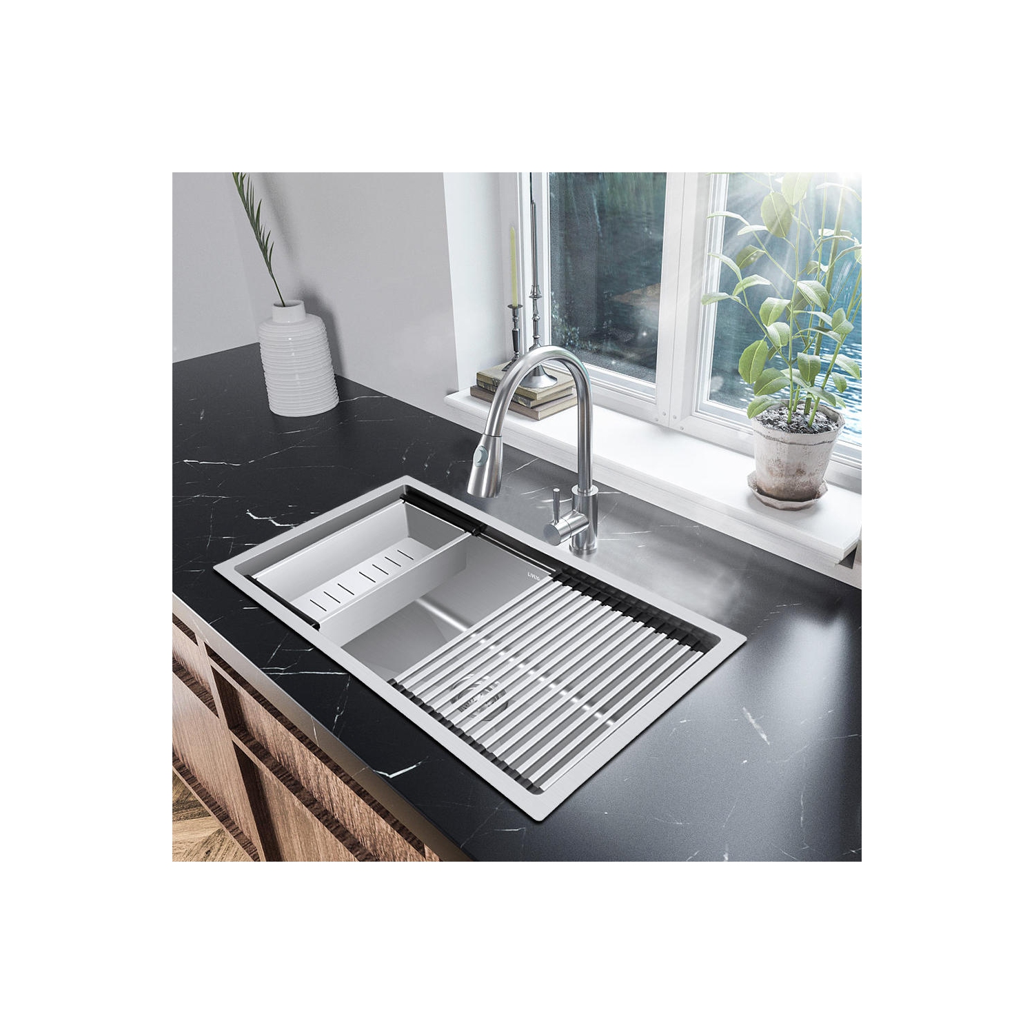 30-inch Stainless Steel Top Mount Kitchen Sink, Single Bowl Bathroom Drop-In with Sink Colander