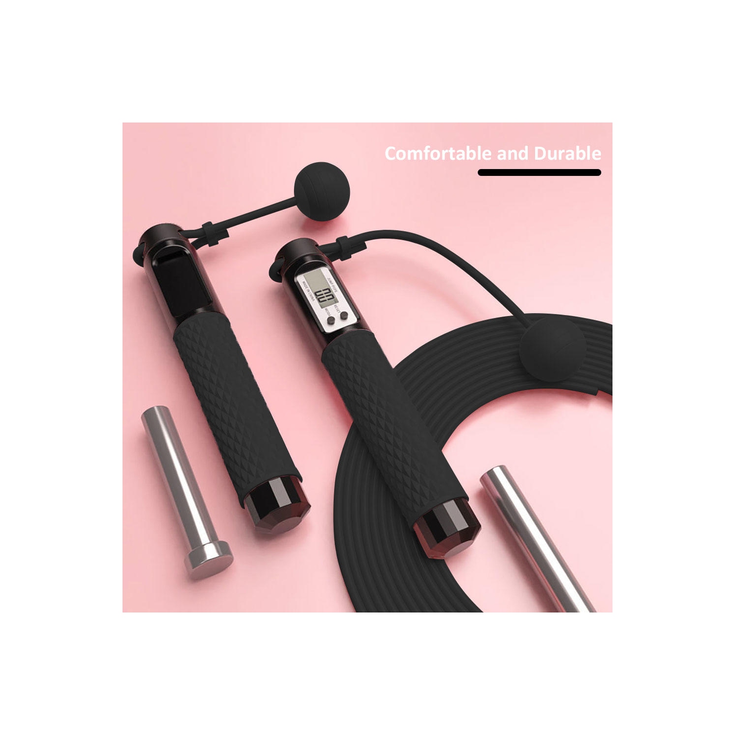 110 inches Adjustable Rope Length Cordless Counting Jump Rope with Calorie, KM, Miles and Counting Digital Display - Black
