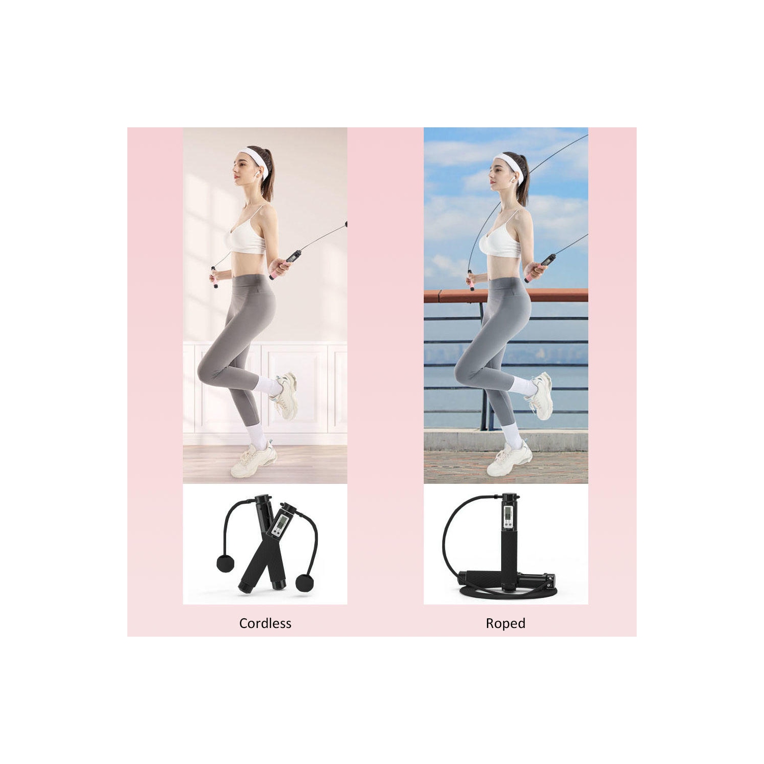 110 inches Adjustable Rope Length Cordless Counting Jump Rope with Calorie, KM, Miles and Counting Digital Display - Black