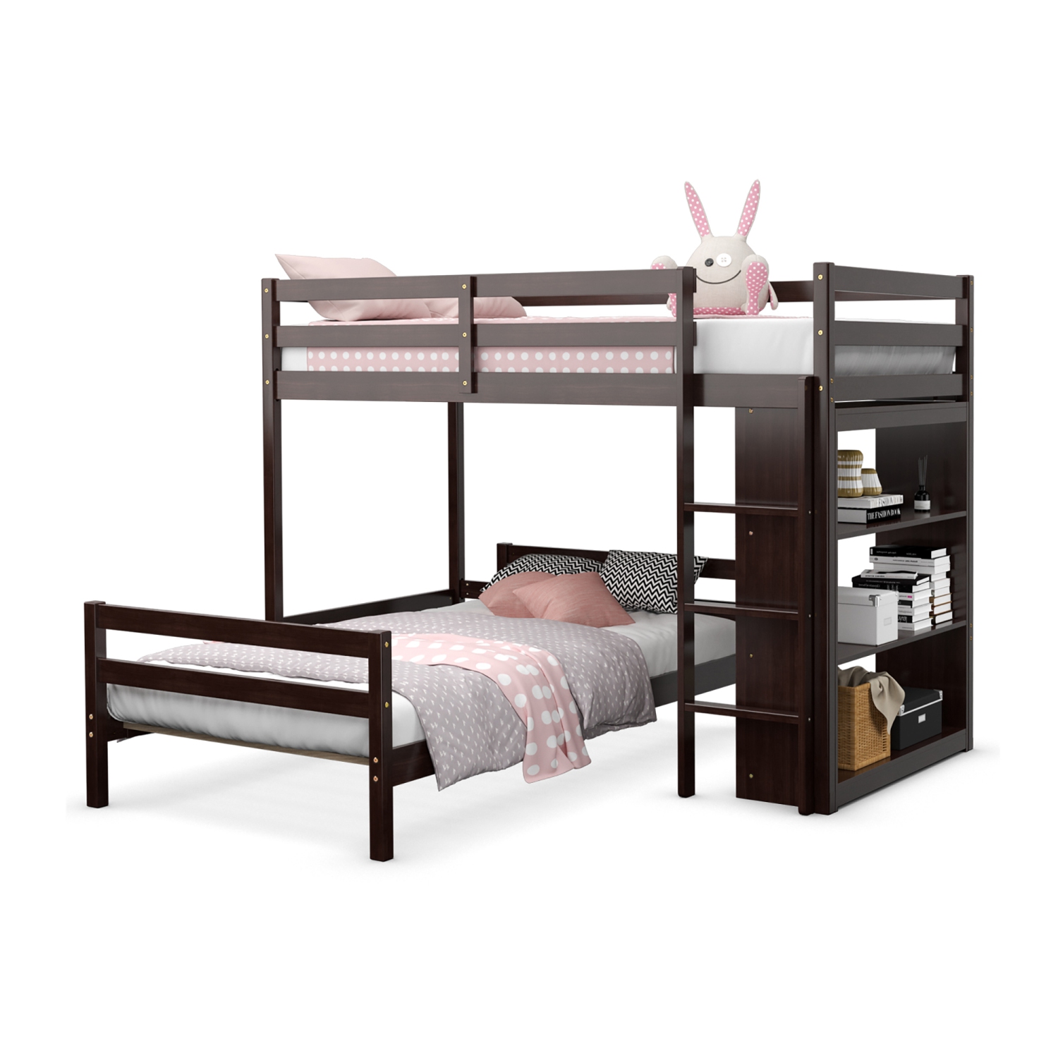 Costway Twin Over Twin Loft Bunk Bed Wood w/Bookcase Guardrail Ladder Kids Bedroom