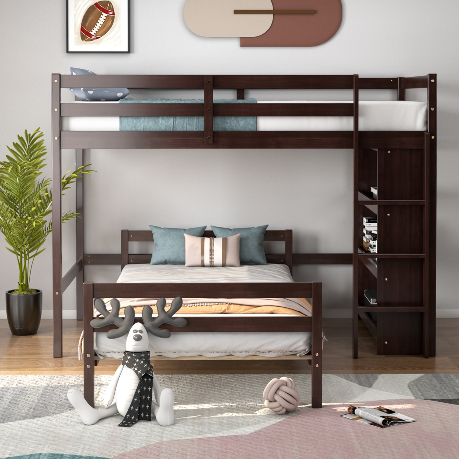 Costway Twin Over Twin Loft Bunk Bed Wood w/Bookcase Guardrail Ladder Kids Bedroom