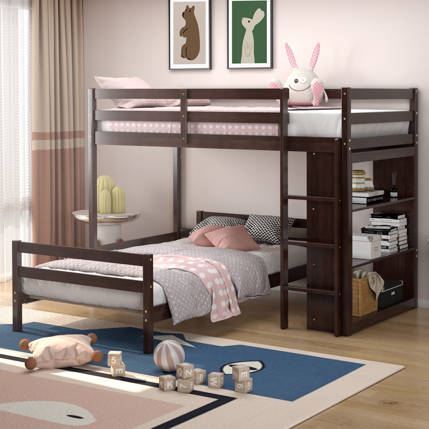 Costway Twin Over Twin Loft Bunk Bed Wood w/Bookcase Guardrail Ladder Kids Bedroom