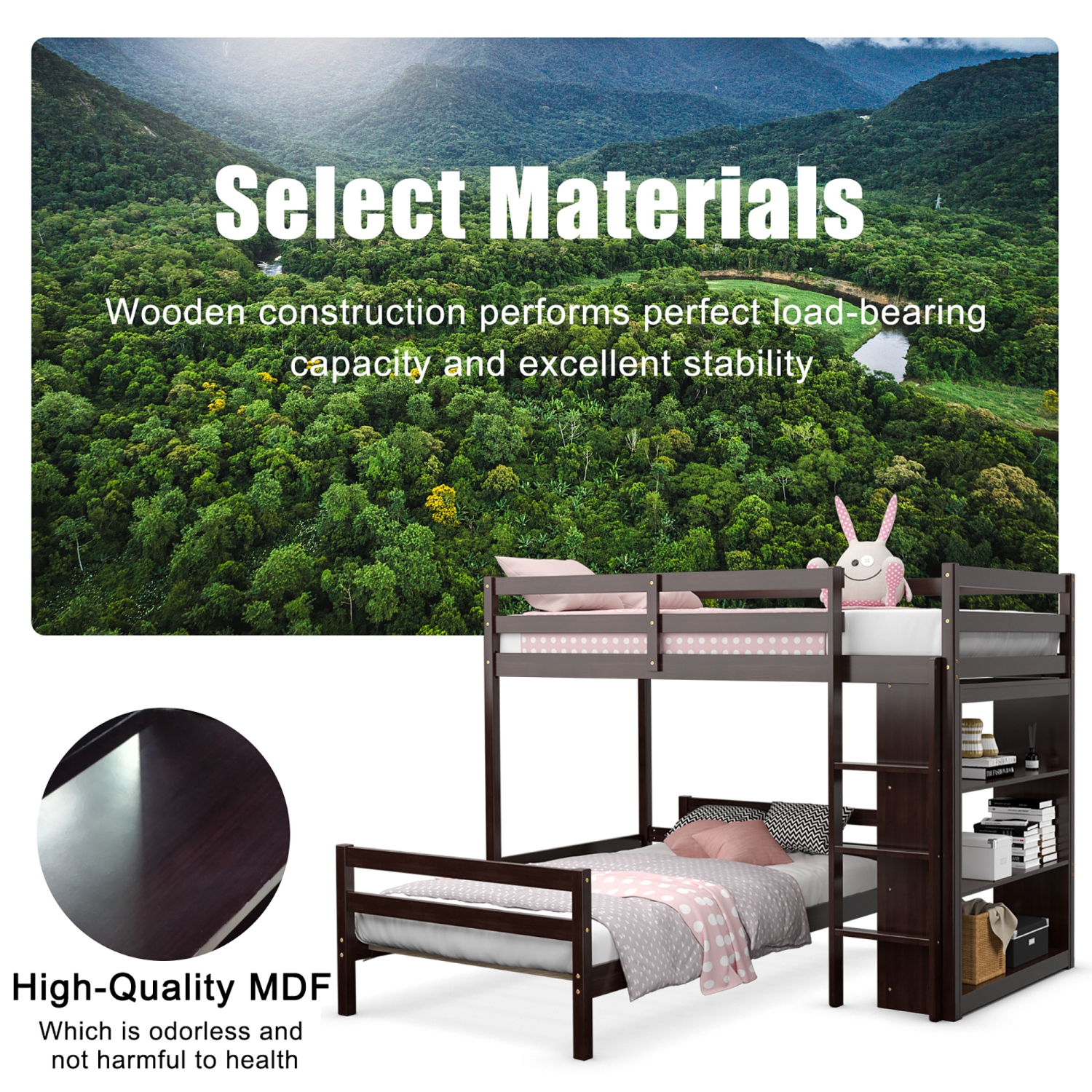 Costway Twin Over Twin Loft Bunk Bed Wood w/Bookcase Guardrail Ladder Kids Bedroom