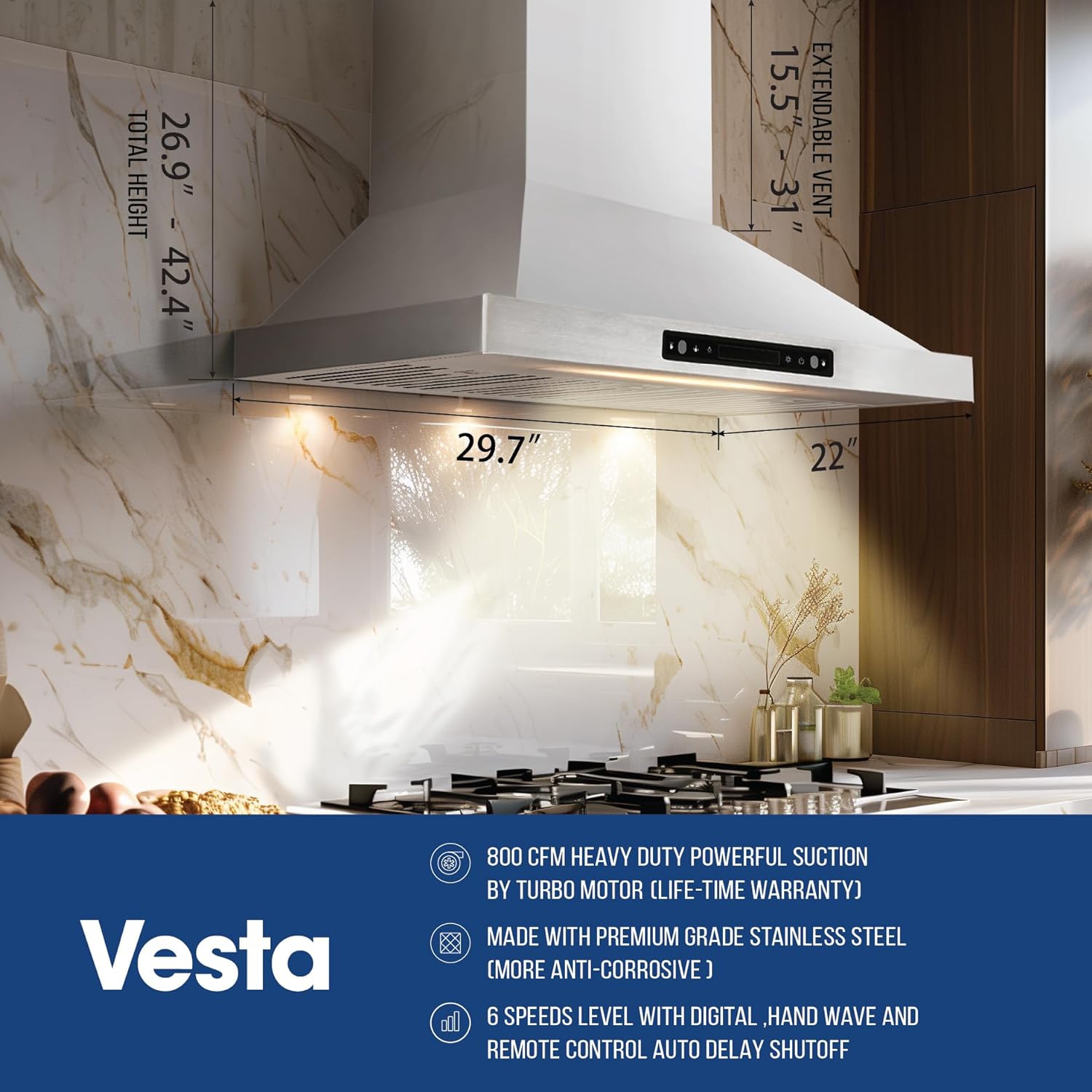 VESTA Brussels – Puissante hotte murale de 30&nbsp;po en acier inoxydable avec commande gestuelle et télécommande, 800 pi3/min