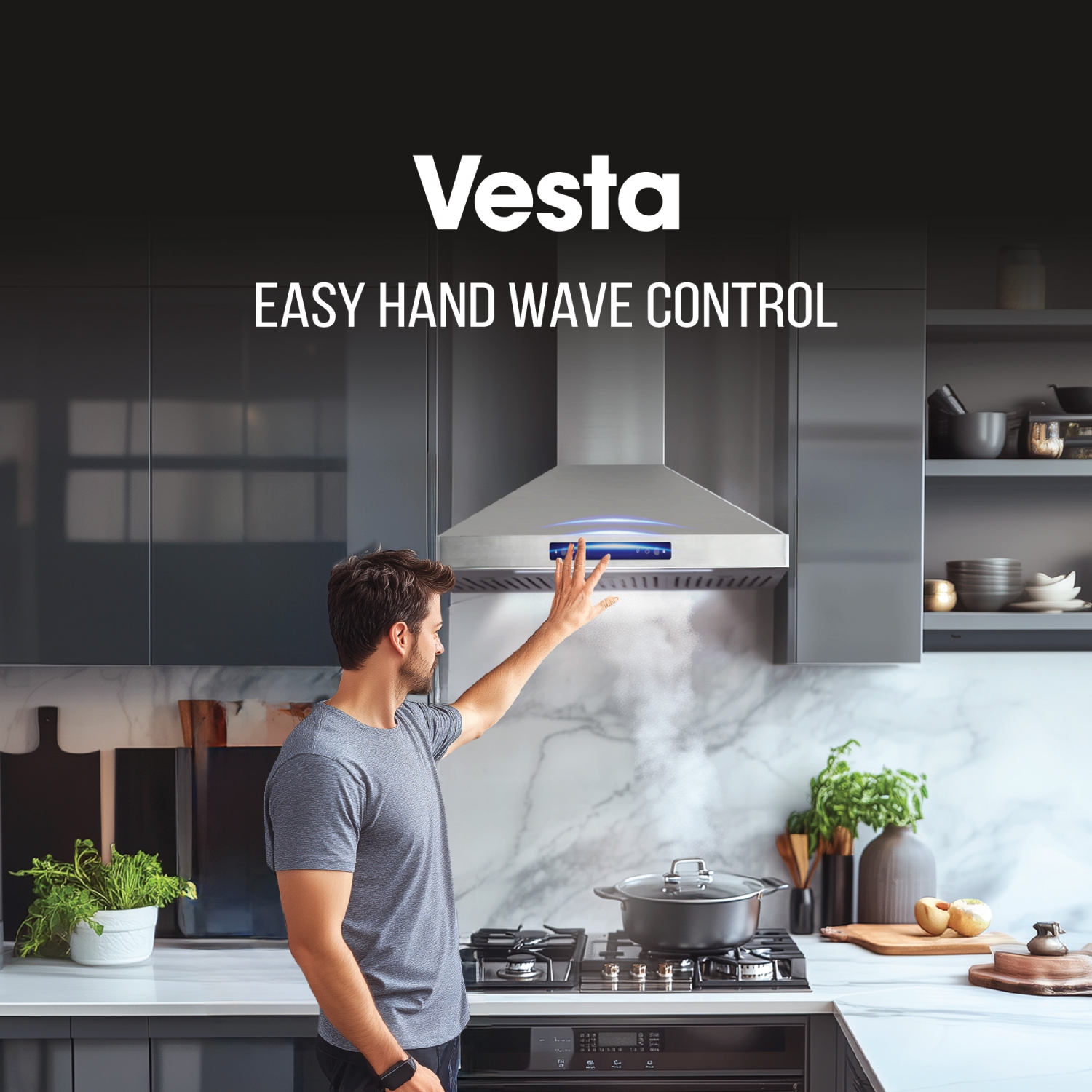 VESTA Brussels – Puissante hotte murale de 30&nbsp;po en acier inoxydable avec commande gestuelle et télécommande, 800 pi3/min