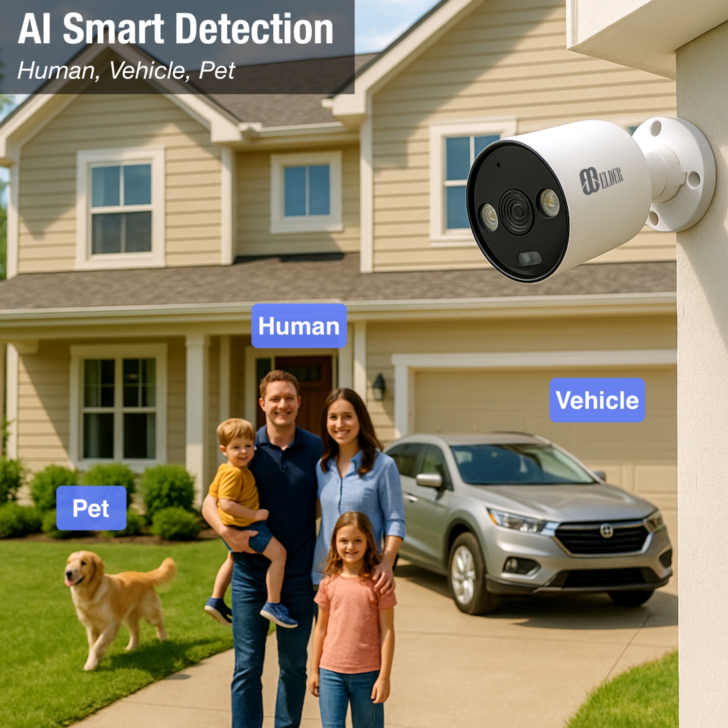 Elder AI 4K Security Camera System 8Ch NVR 2TB PoE 4-Camera Outdoor, Person & Vehicle Detection & NDAA, Red & Blue Deterrence, Spotlight Home