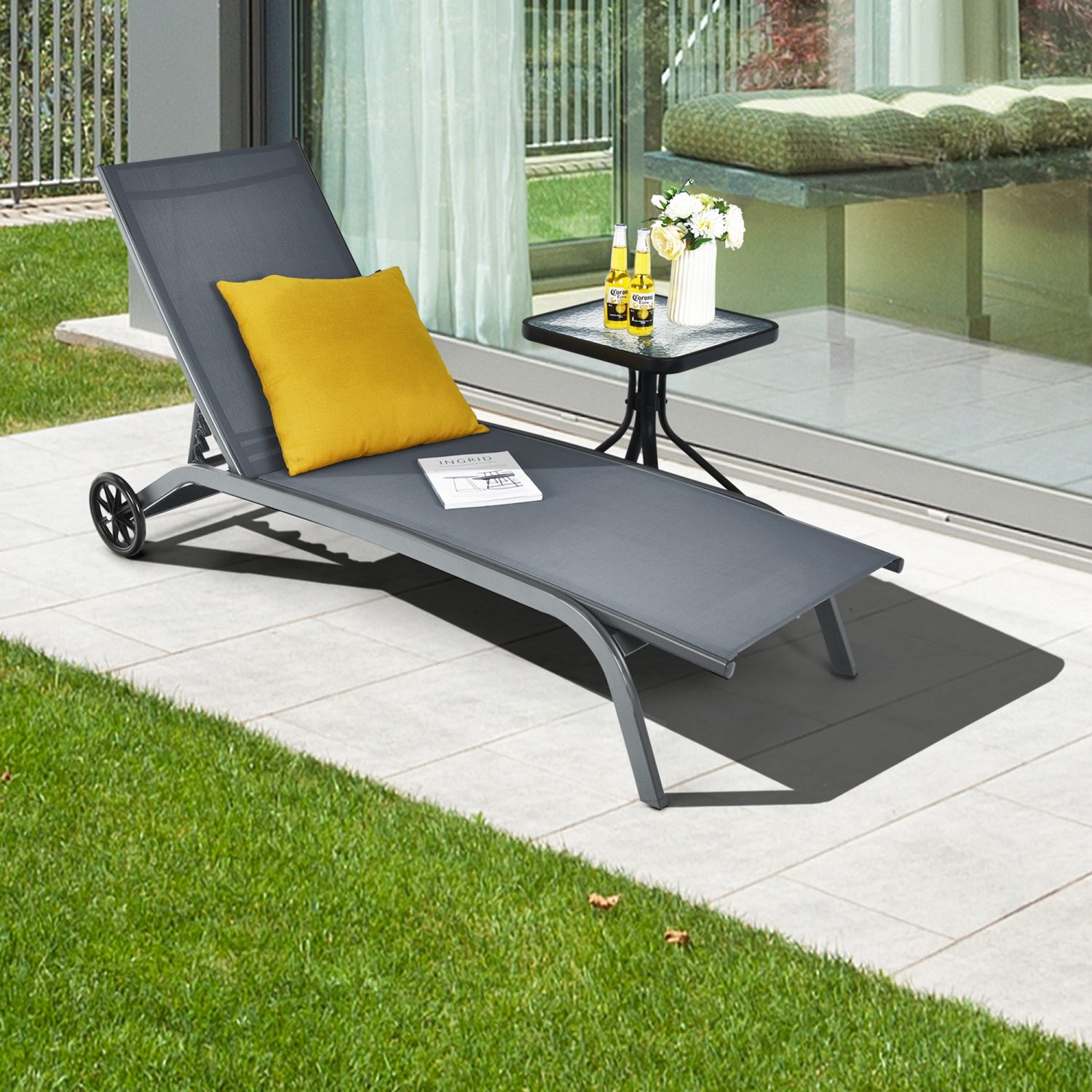 Gymax Outdoor Chaise Lounge Chair Adjustable Patio Recliner w/ Wheels Grey