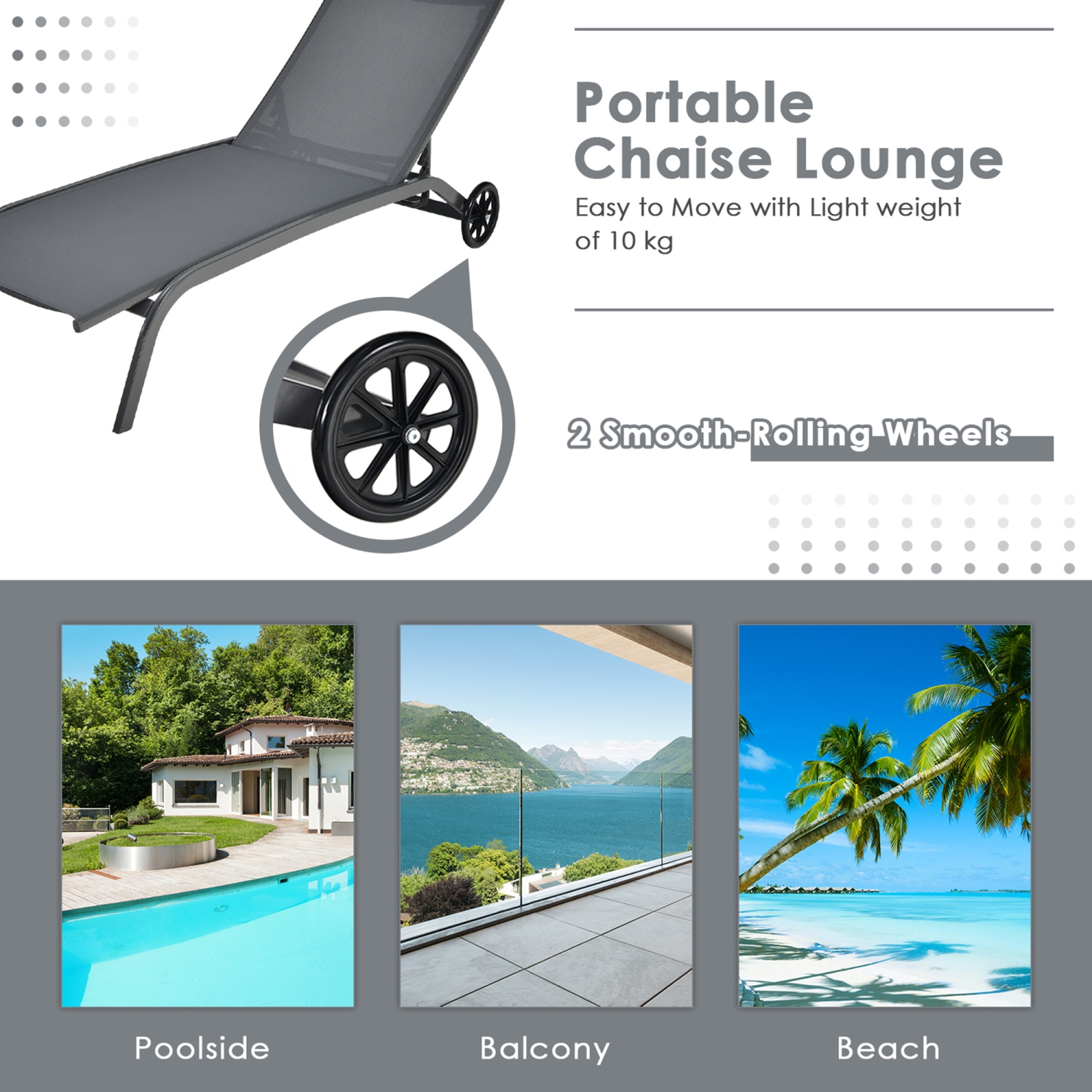 Gymax Outdoor Chaise Lounge Chair Adjustable Patio Recliner w/ Wheels Grey