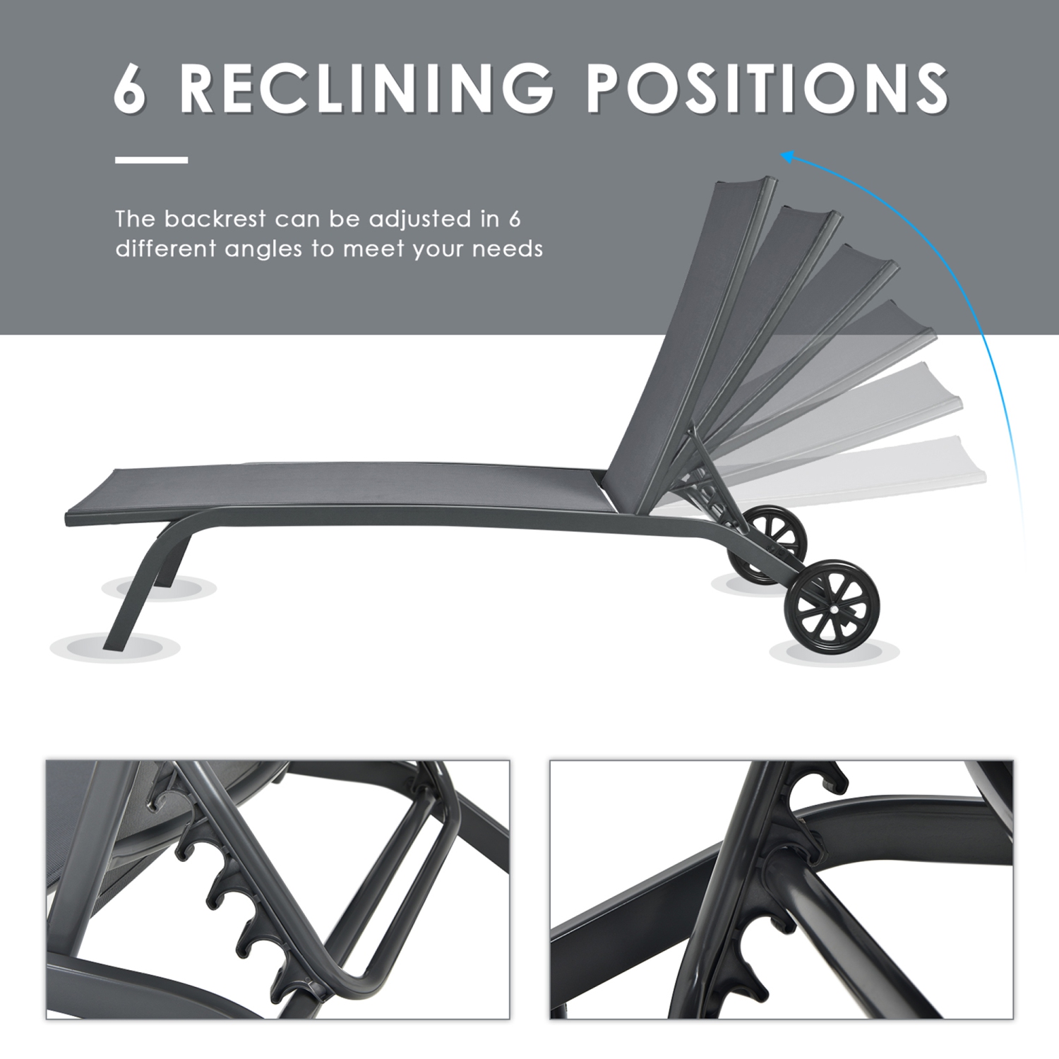 Gymax Outdoor Chaise Lounge Chair Adjustable Patio Recliner w/ Wheels Grey