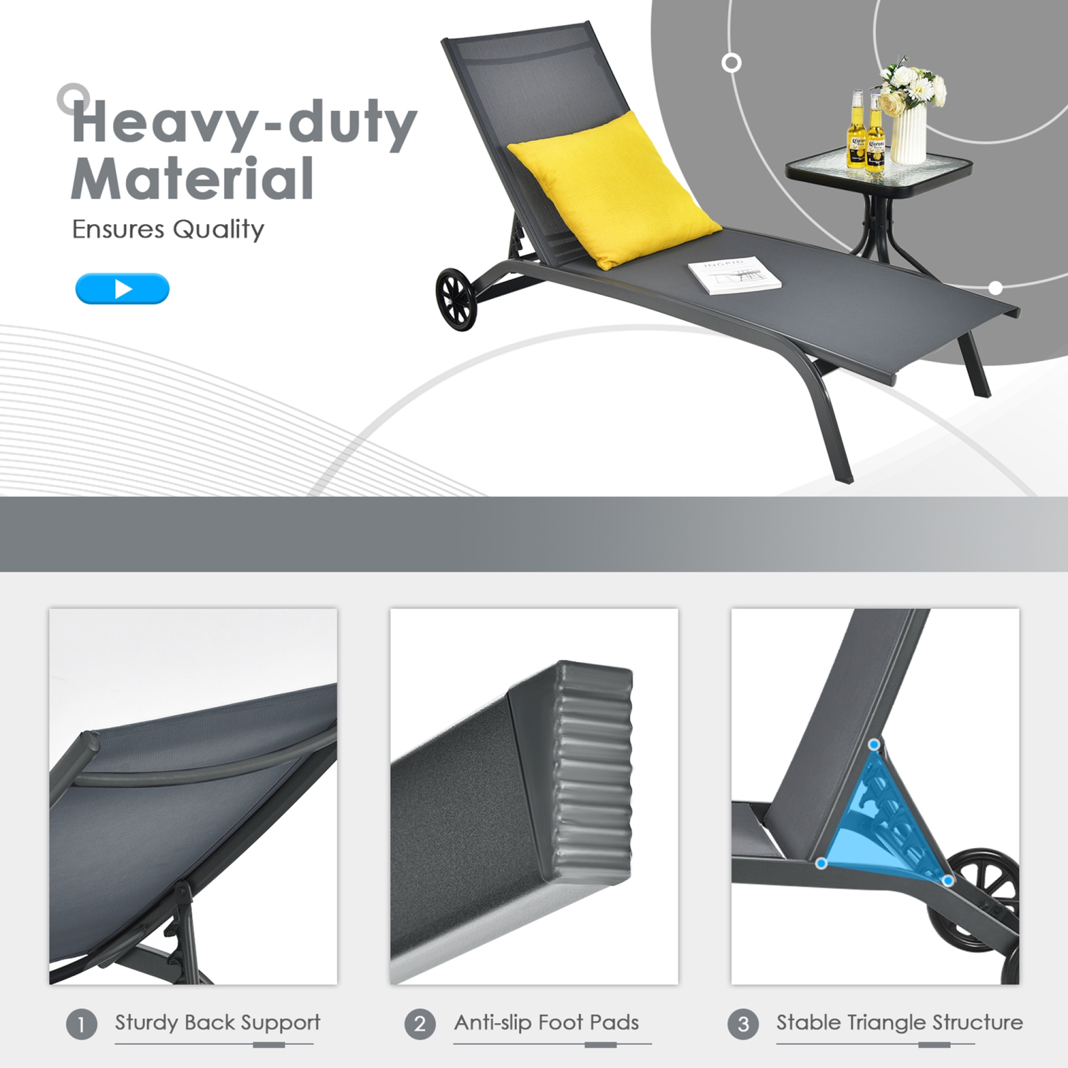 Gymax Outdoor Chaise Lounge Chair Adjustable Patio Recliner w/ Wheels Grey