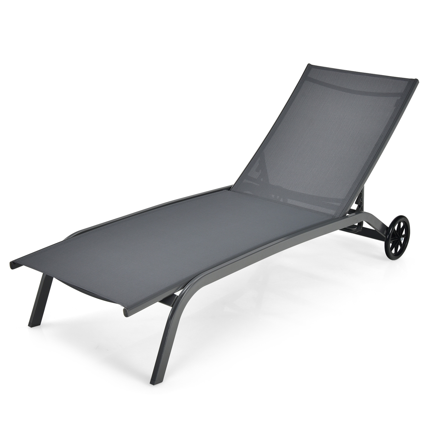 Gymax Outdoor Chaise Lounge Chair Adjustable Patio Recliner w/ Wheels Grey
