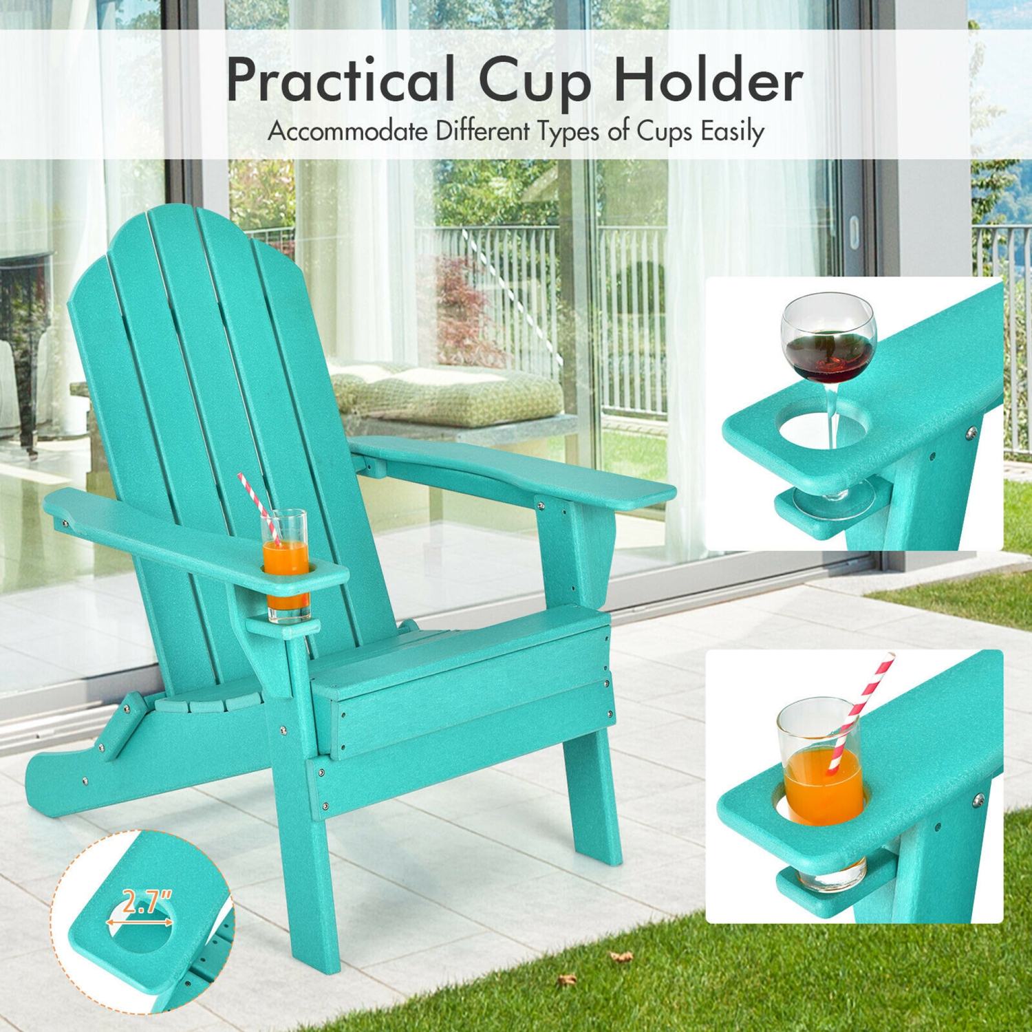 Gymax 4PCS Patio Folding Adirondack Chair Weather Resistant Cup Holder Yard