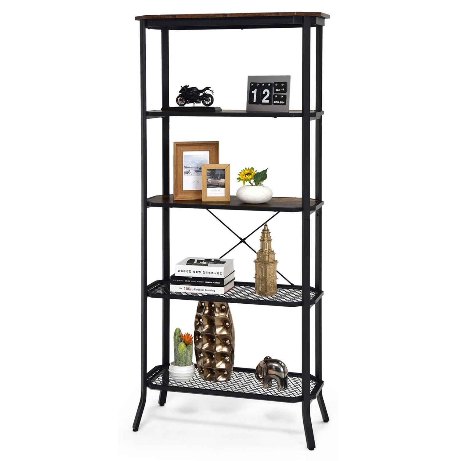 Gymax 5 Tier Bookshelf Standing Storage Shelf Unit for Kitchen Living Room Office