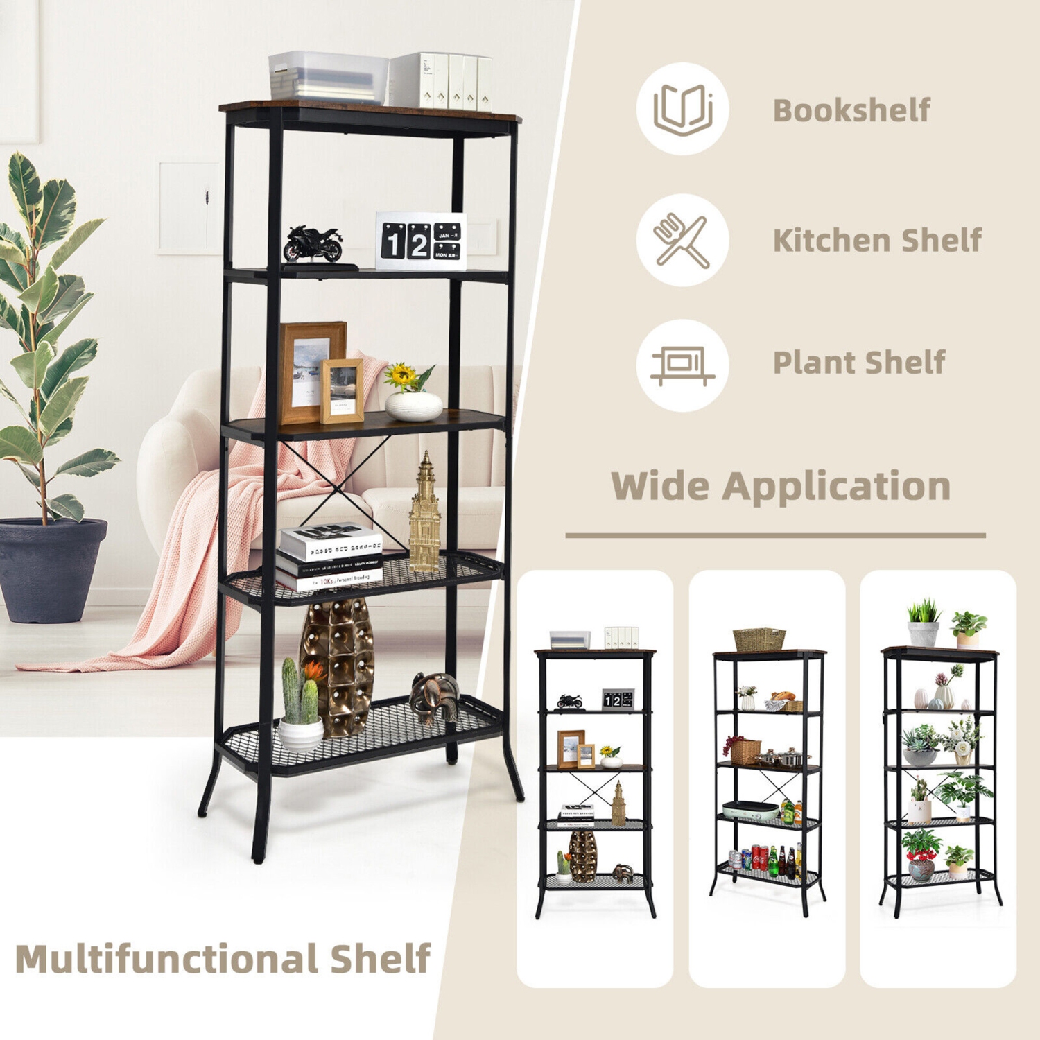 Gymax 5 Tier Bookshelf Standing Storage Shelf Unit for Kitchen Living Room Office
