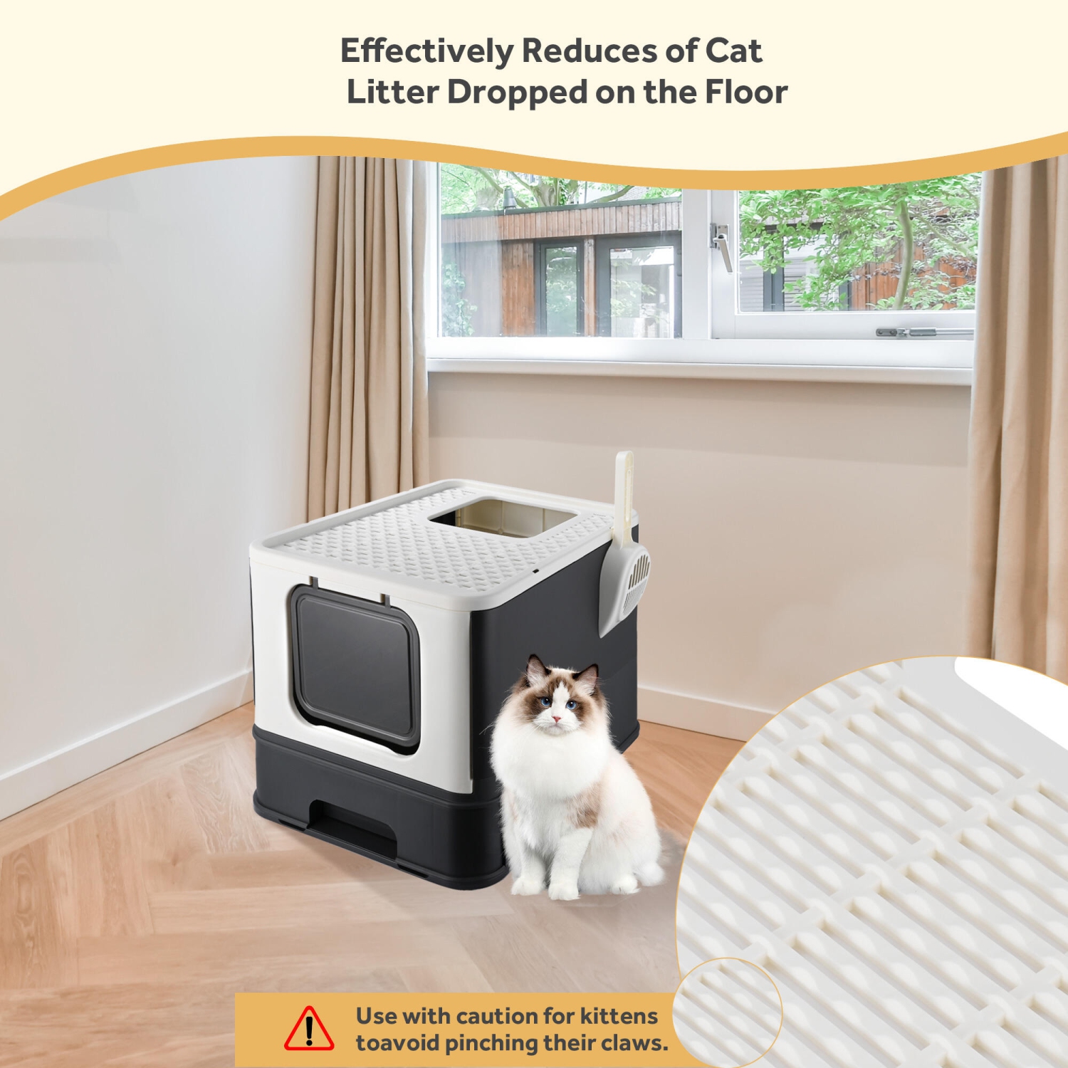 Bac à litière pliable pour chats, 20 larg. X 16 prof. X 15 haut., bac à litière avec couvercle et pelle, très grand espace, cuvette